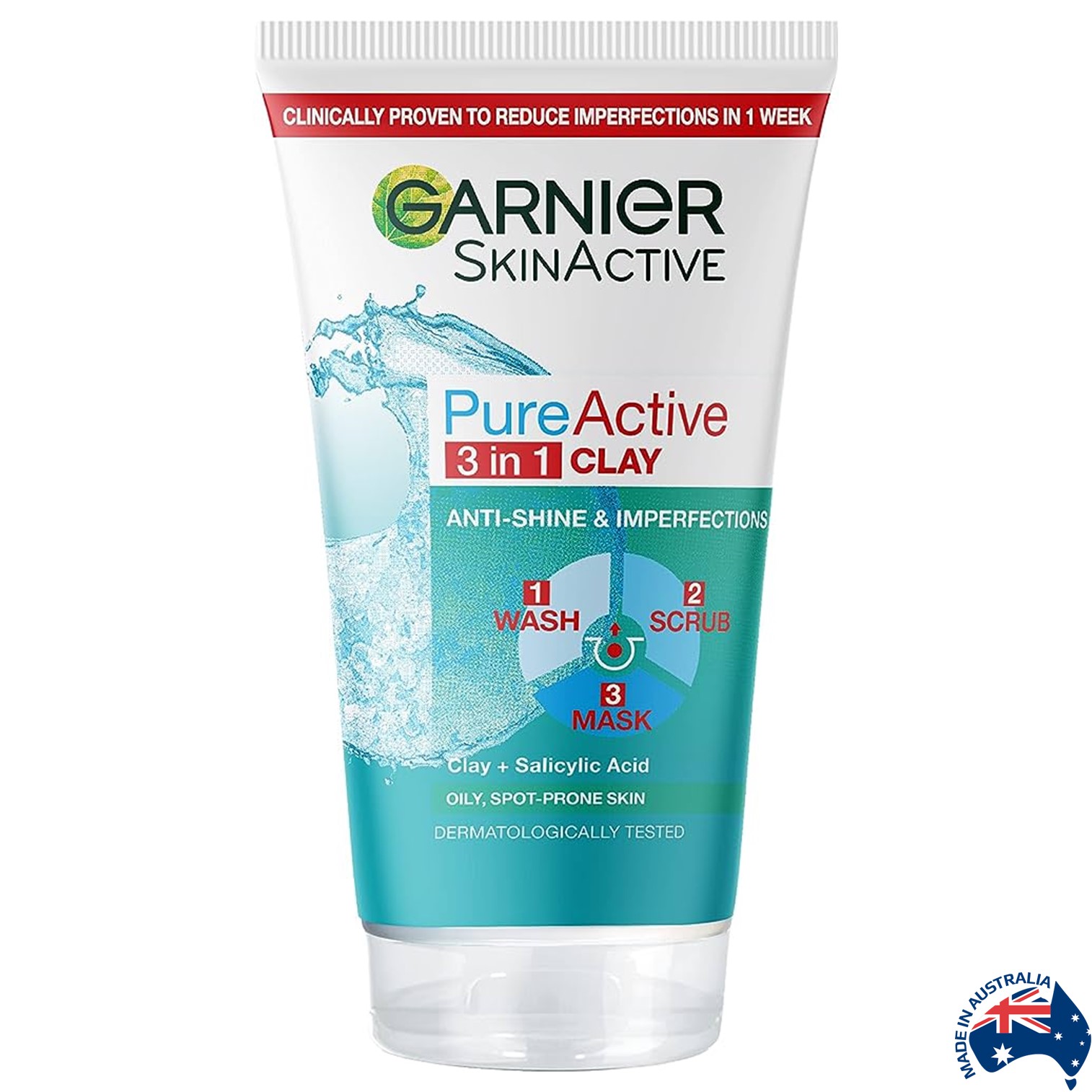 GARNIER Skin Active PURE ACTIVE 3in1 Clay Anti Spots&Marks 150ml ผลิตภัณฑ์ทำความสะอาดผิวหน้ากระจ่างใสสูตรพิเศษสินค้านำเข้าจากออสเตรเลียของแท้พร้อมส่ง