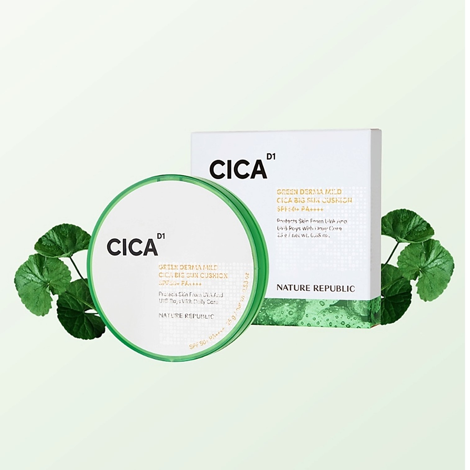 NATURE REPUBLIC Green Derma Mild Cica Big Sun Cushion SPF50+ PA++++ คุชชั่นกันแดดเนื้อบางเบาพร้อมการบำรุงจากสารสกัดใบบัวบกสินค้านำเข้าจากเกาหลีของแท้พร้อมส่ง