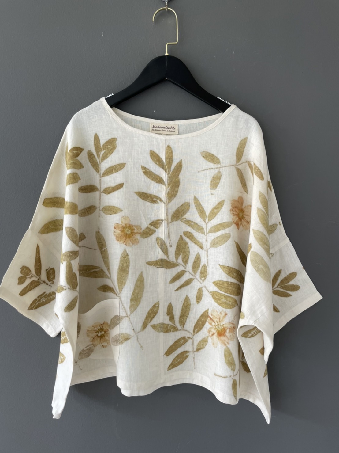 เสื้อคอกลม พิมพ์ใบไม้ธรรมชาติ ผ้าลินินแท้ Unique Eco Print Blouse