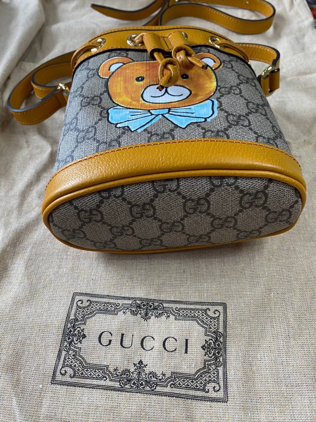 New Gucci (X Kai) Teddy Bear Print Canvas&Leather Mini Bucket Bag