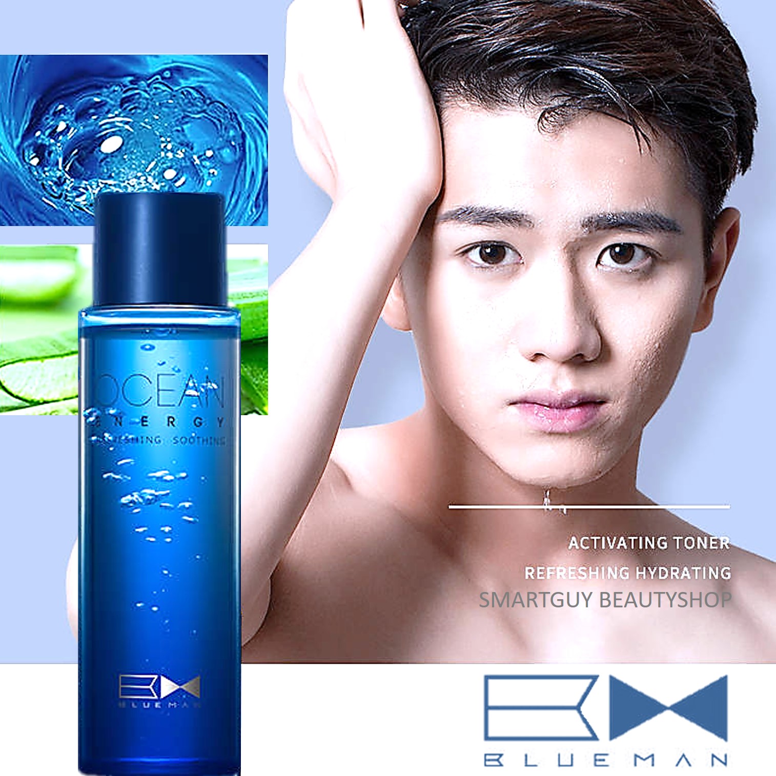 โทนเนอร์สูตรพรีเมี่ยมปลุกผิวหน้ากระจ่างใสย้อนวัยผิวหน้าสำหรับผู้ชาย BlueMan Skin Pro Ocean Energy Hydrating Activating Toner 150ml