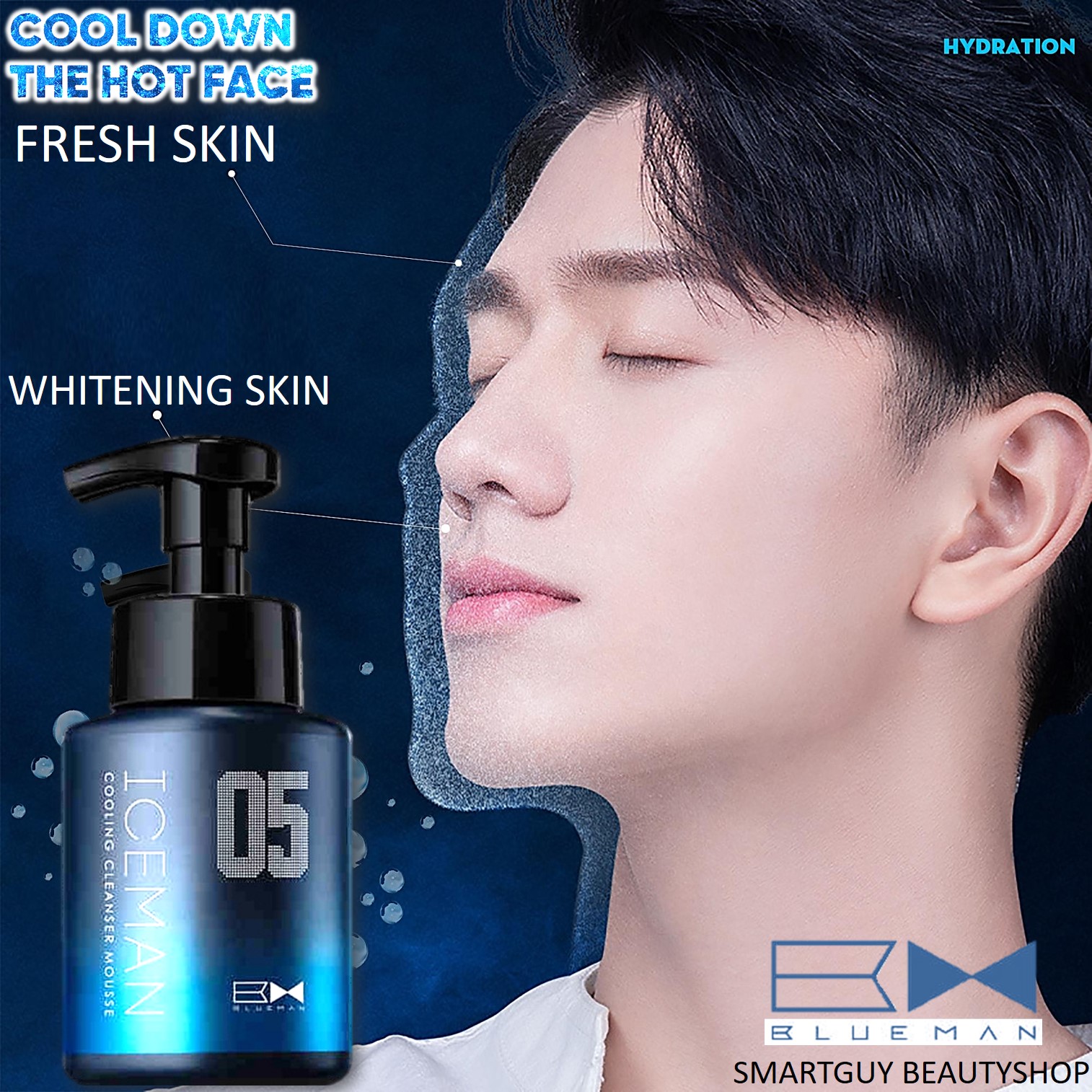 มูสโฟมเนื้อนุ่มทำความสะอาดผิวหน้าสูตรเย็นปรับผิวขาวใสย้อนวัยผิวหน้าสำหรับผู้ชาย BlueMan 05 Cleanser Men’s Cooling Mousse 180ml