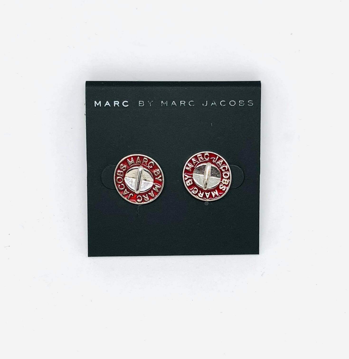 Marc Jacobs Silver&Deep Red Logo Button Disc Stud Earrings