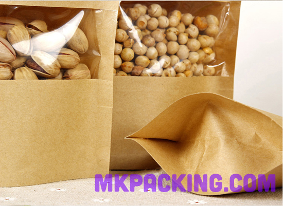 ถุงกระดาษคราฟท์ หน้าต่างใส ซิปล็อค ตั้งได้ ขนาด 9*14+3 ซม.