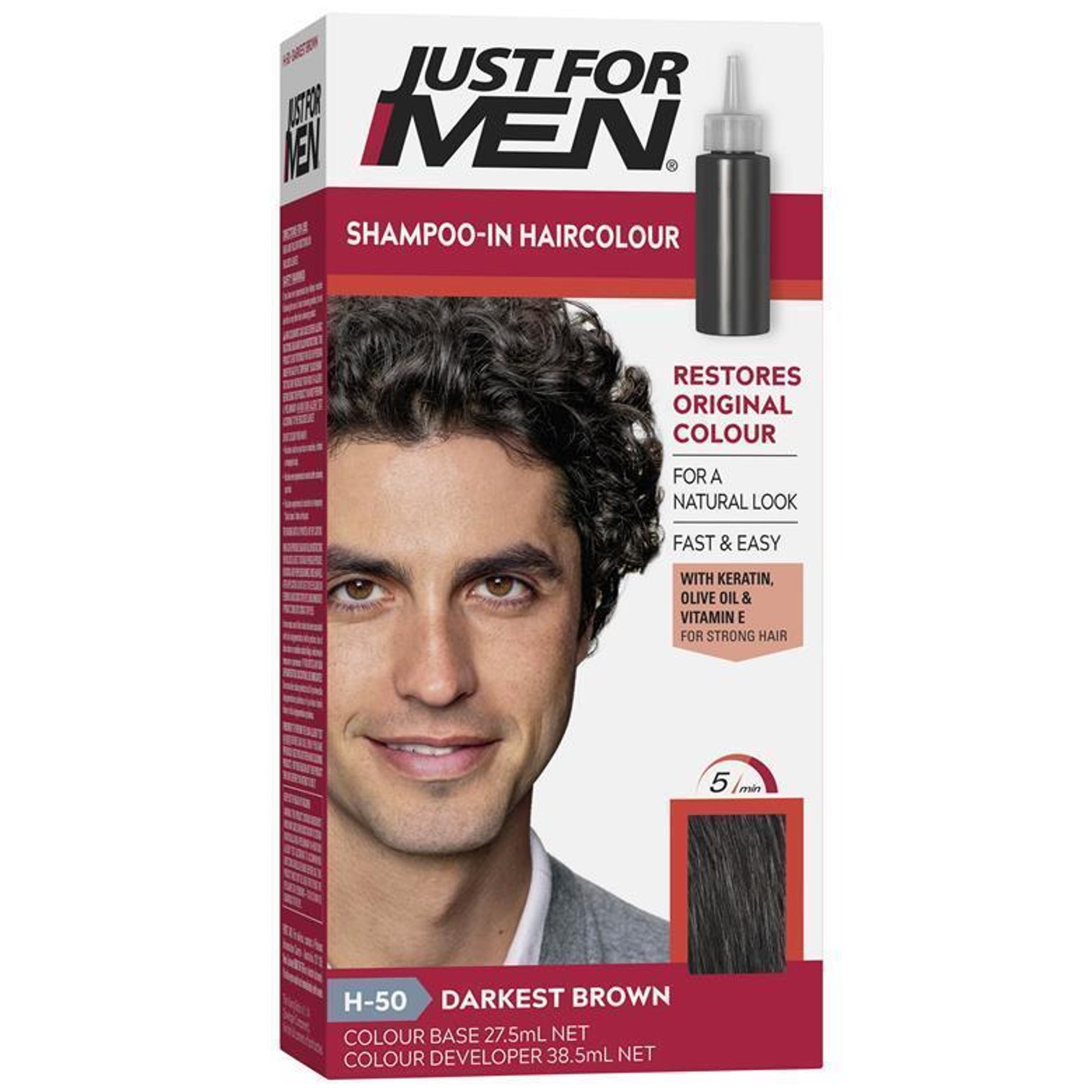 Just For Men Shampoo In HairColour 5 Easy Minutes Darkest Brown H-50 60ml. ครีมเปลี่ยนสีผมสำหรับผู้ชายสินค้านำเข้าจากสหรัฐอเมริกา สีน้ำตาลเข้มธรรมชาติ