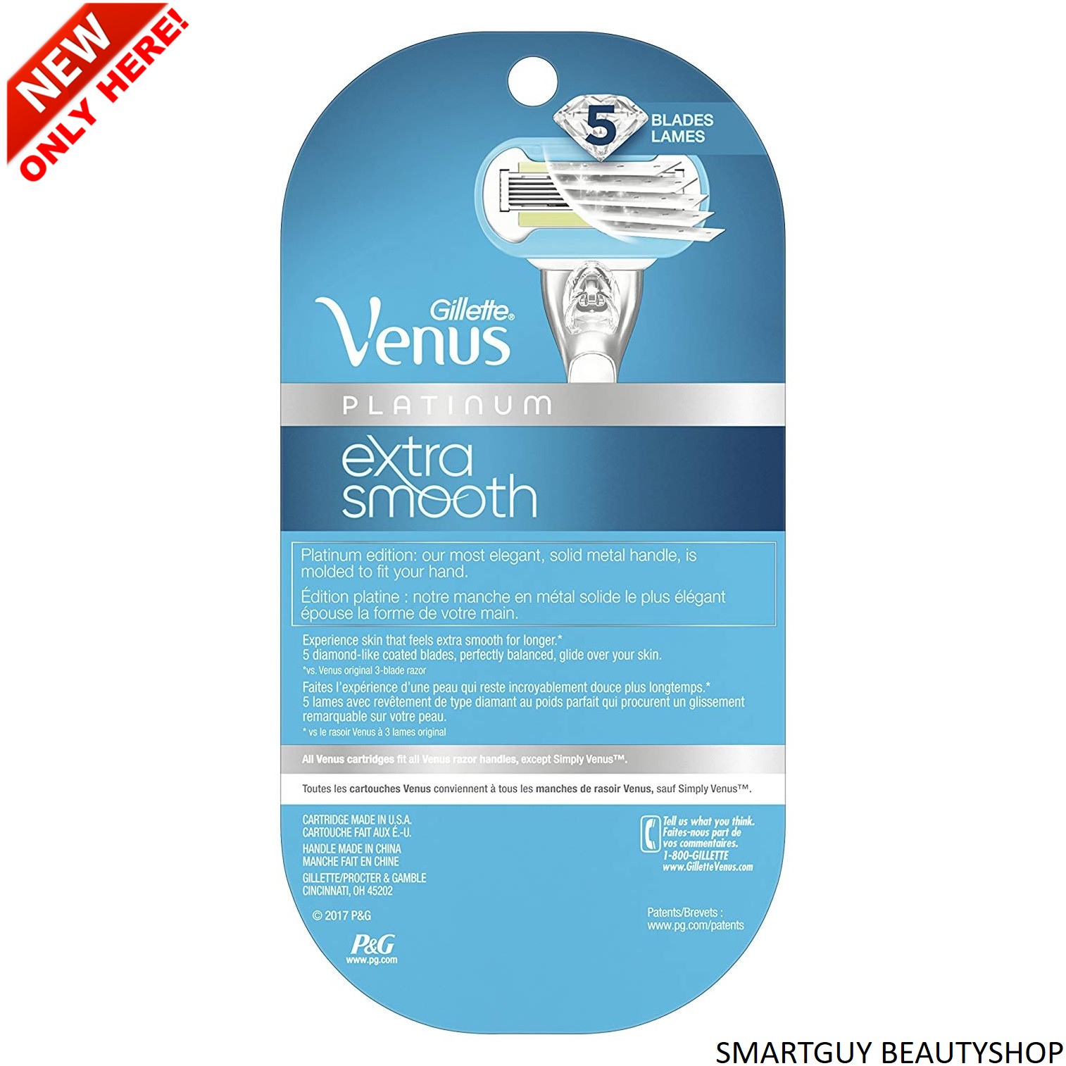 GilletteVenus Platinum Extra Smooth Metal Handle Women's Razor Handle + 2 Blade Refills ชุดอุปกรณ์กำจัดขนสำหรับผู้หญิงรุ่นพิเศษเคลือบมอยซ์เจอร์ไรเซอร์บำรุงผิวหลังโกน
