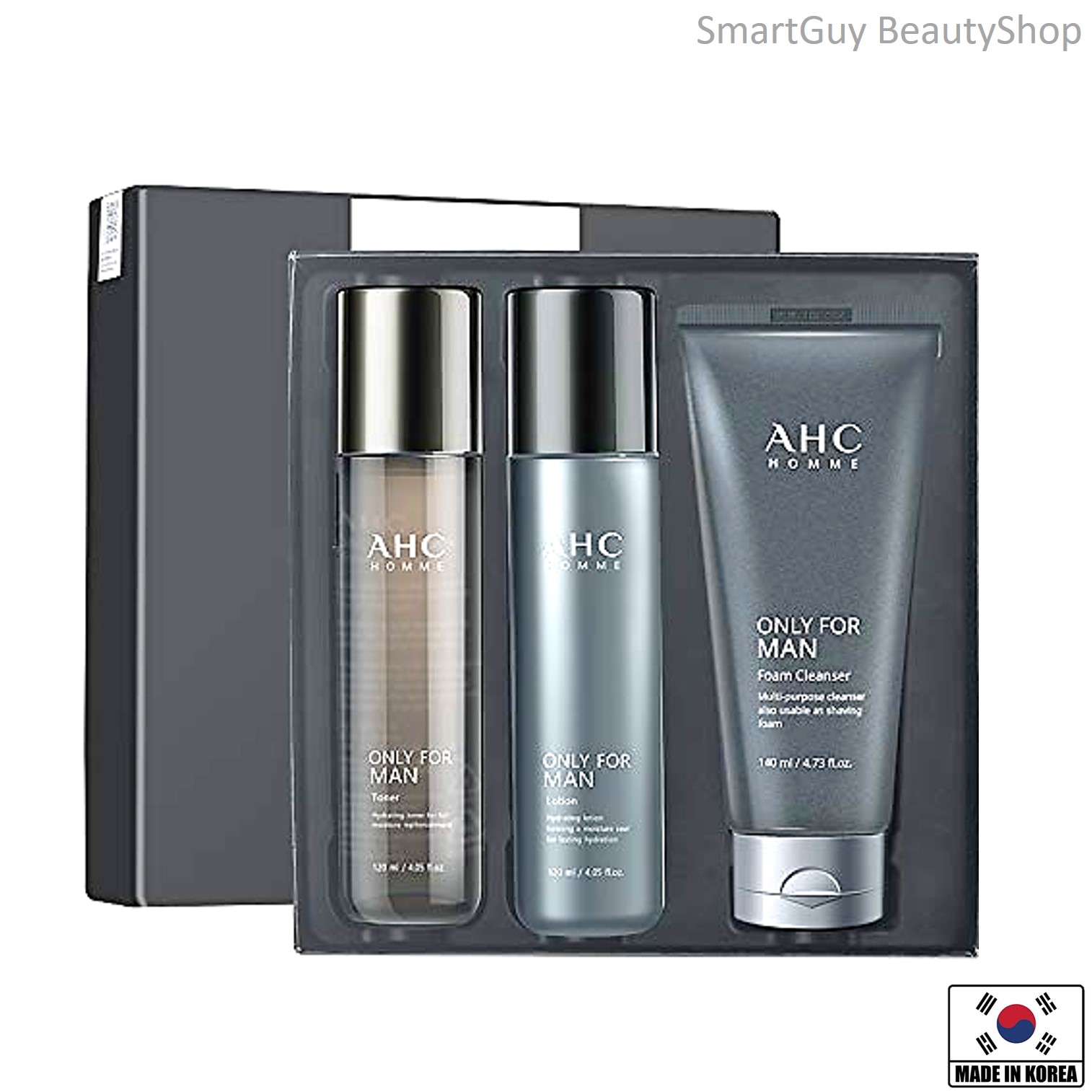 A.H.C Homme Only For Men Foam Cleanser Toner And Lotion Set Deep Cleansing Moisturizing And Nourishing The Skin 380ml ชุดผลิตภัณฑ์ทำความสะอาดและบำรุงผิวหน้าสูตรพรีเมี่ยมครบสูตรหล่อใสสำหรับผิวหน้าผู้ชายจากเกาหลี