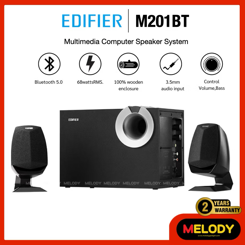 Edifier M201BT ลำโพงมัลติมีเดีย 2.1 Bluetooth 5.0 , 3.5mm audio Input 68w.RMS. รับประกันศูนย์ Edifier 2 ปี