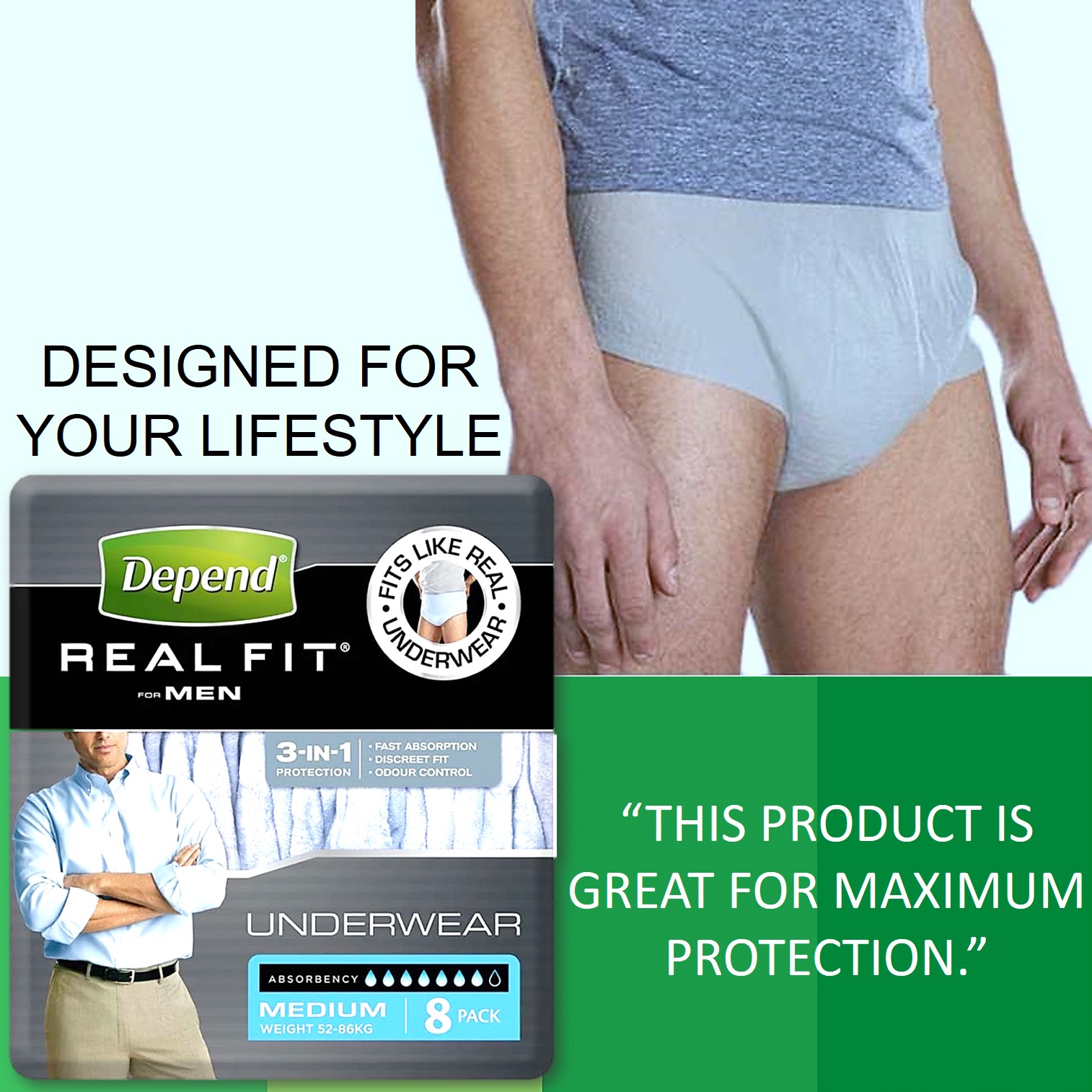 Depend Real Fit Underwear Male Medium 8 Pack ผลิตภัณฑ์ชุดชั้นในชายช่วยลดความอับชื้นและเชื้อแบคทีเรียสะสมแบบใช้ครั้งเดียว