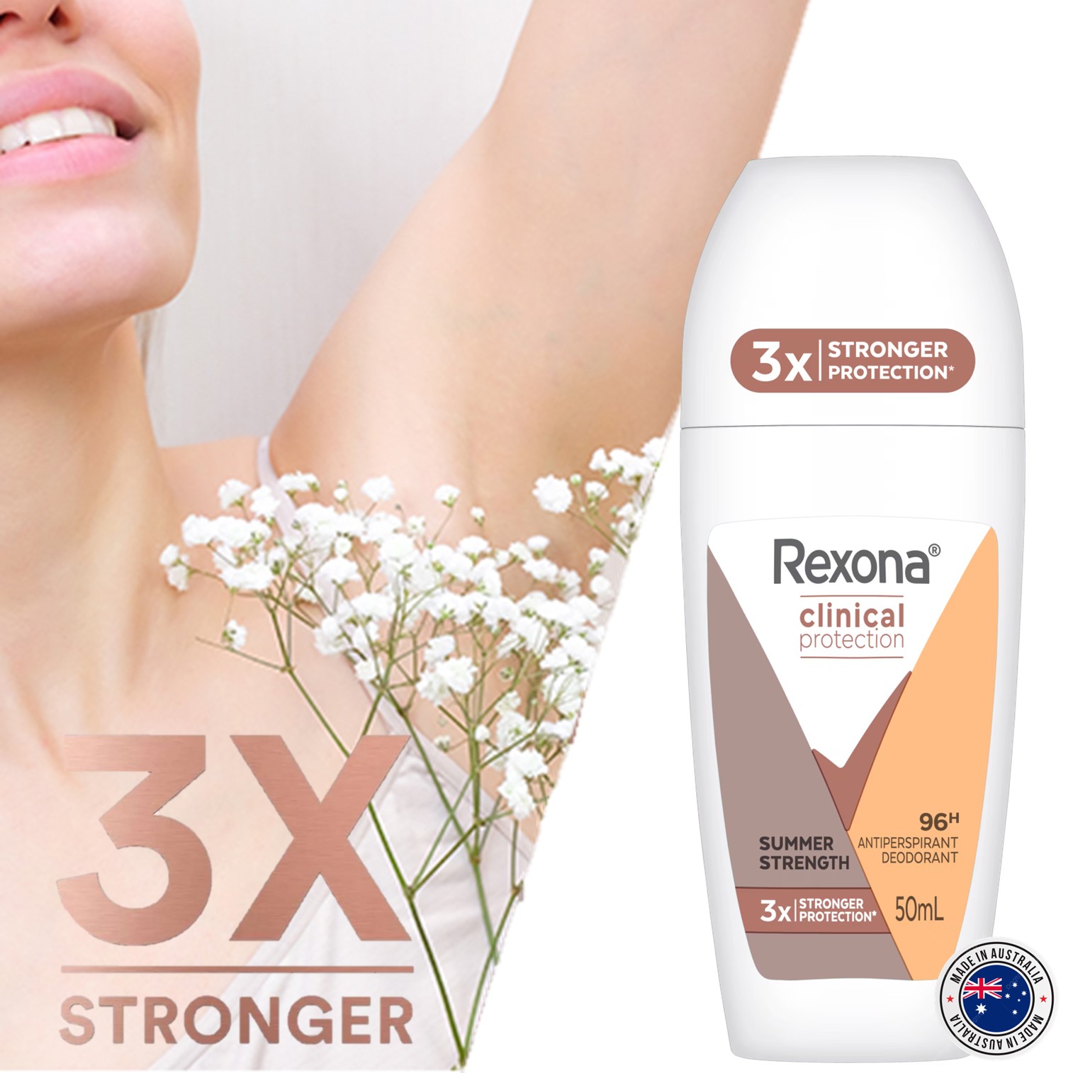Rexona Clinical Protection Antiperspirant Deodorant Roll On Summer Strength 50ml ลูกกลิ้งระงับกลิ่นใต้วงแขนสำหรับผู้หญิงกลิ่นหอมพิเศษจากต่างประเทศของแท้พร้อมส่ง