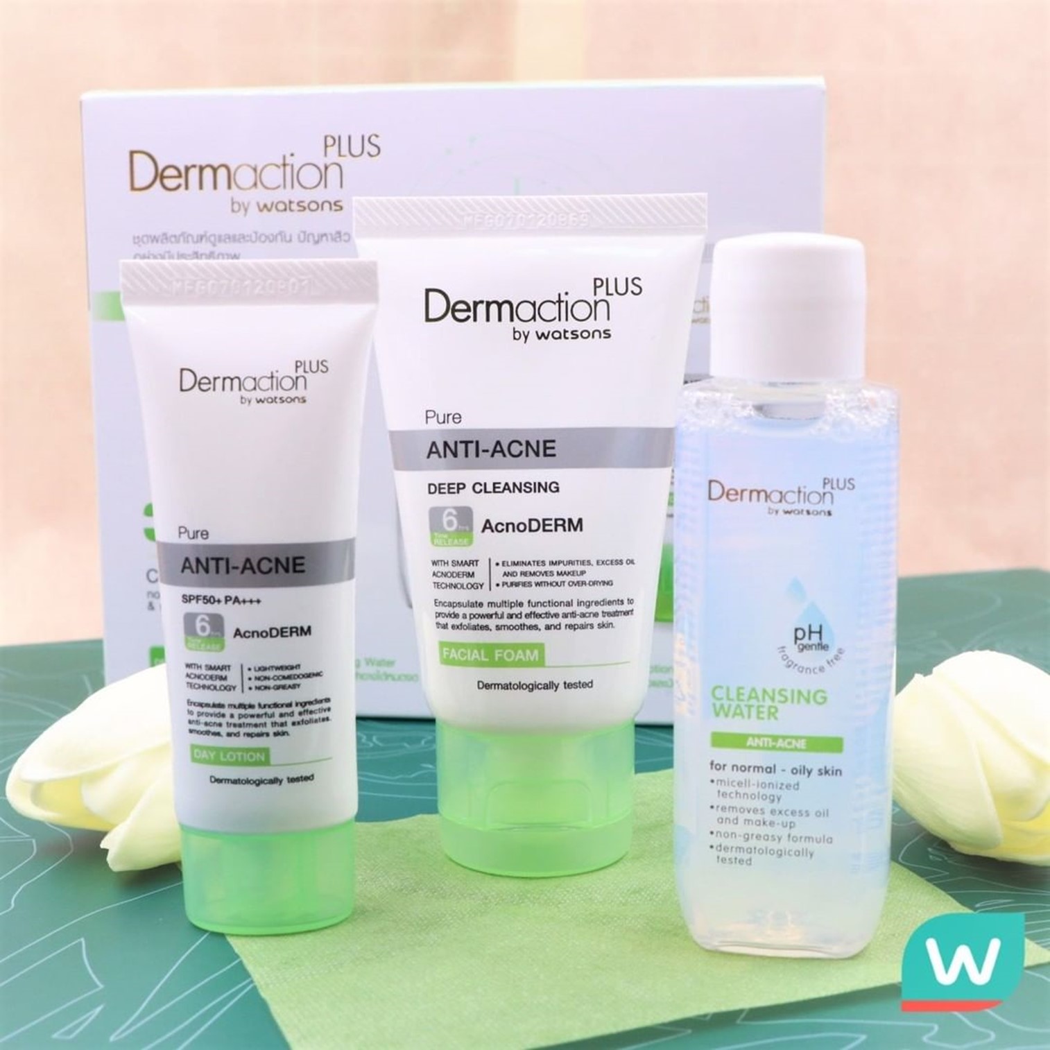 DERMACTION PLUS BY WATSONS Anti-Acne 3 Days Clinically Tested ชุดผลิตภัณฑ์ดูแลผิวหน้าสูตรป้องกันและลดปัญหาสิวประสิทธิภาพสูง