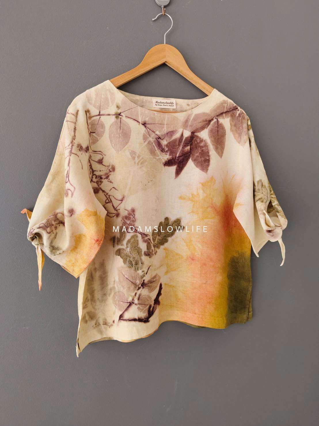 เสื้อผ้าลินินแท้ ลวดลายพิมพ์ลายแบบ eco-print อก 44 นิ้ว ยาว 23 นิ้ว