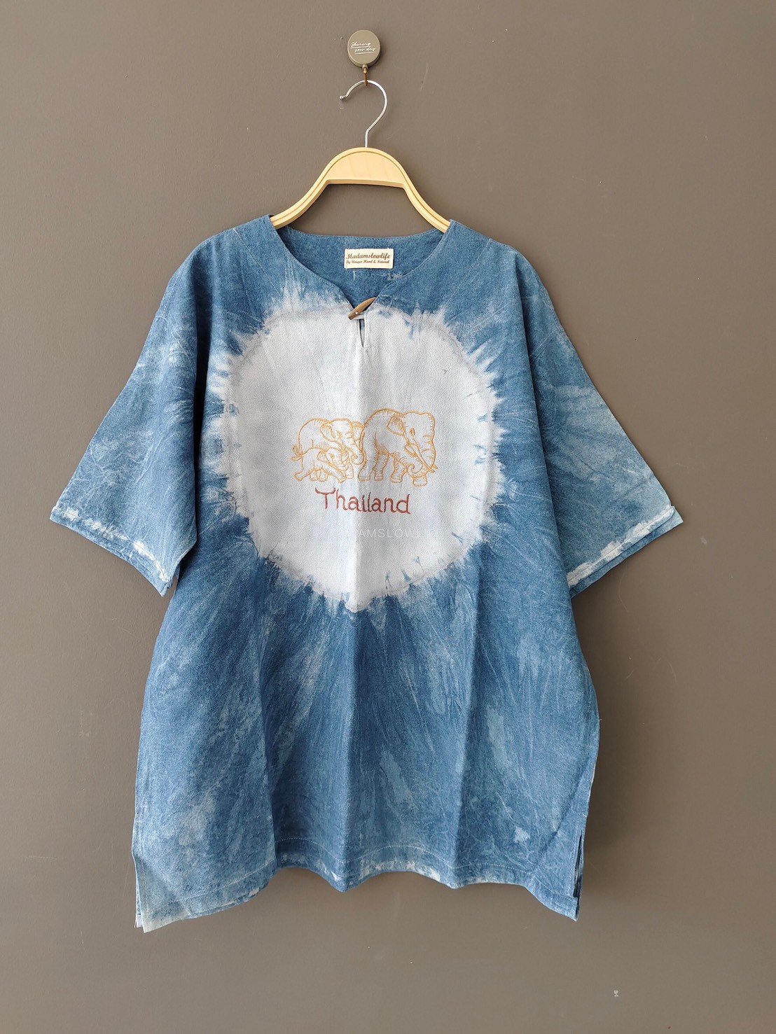 เสื้อผู้ชาย ปักลายช้าง มัดย้อมคราม Size : 44" 46" 48" 50"