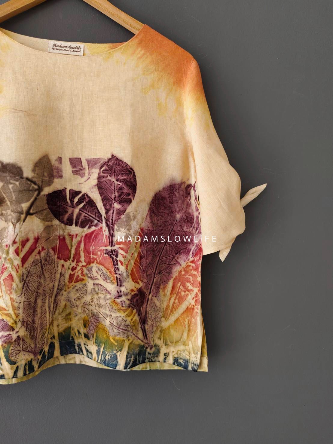 เสื้อผ้าลินินแท้ ลวดลายพิมพ์ลายแบบ eco-print อก 42 นิ้ว ยาว 22 นิ้ว