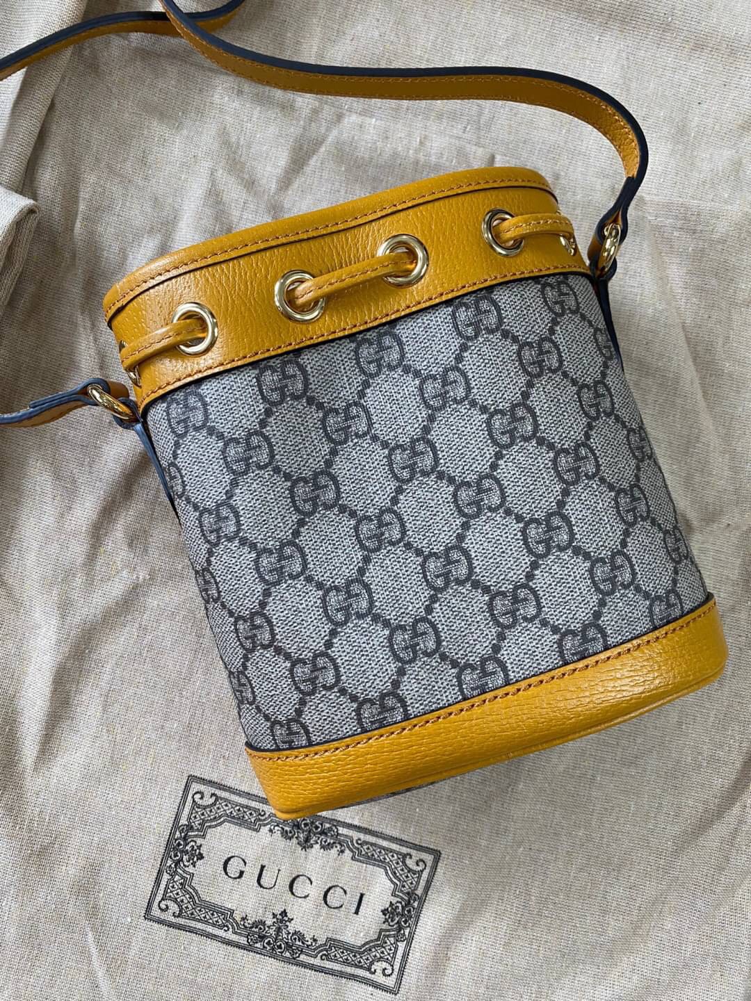 New Gucci (X Kai) Teddy Bear Print Canvas&Leather Mini Bucket Bag