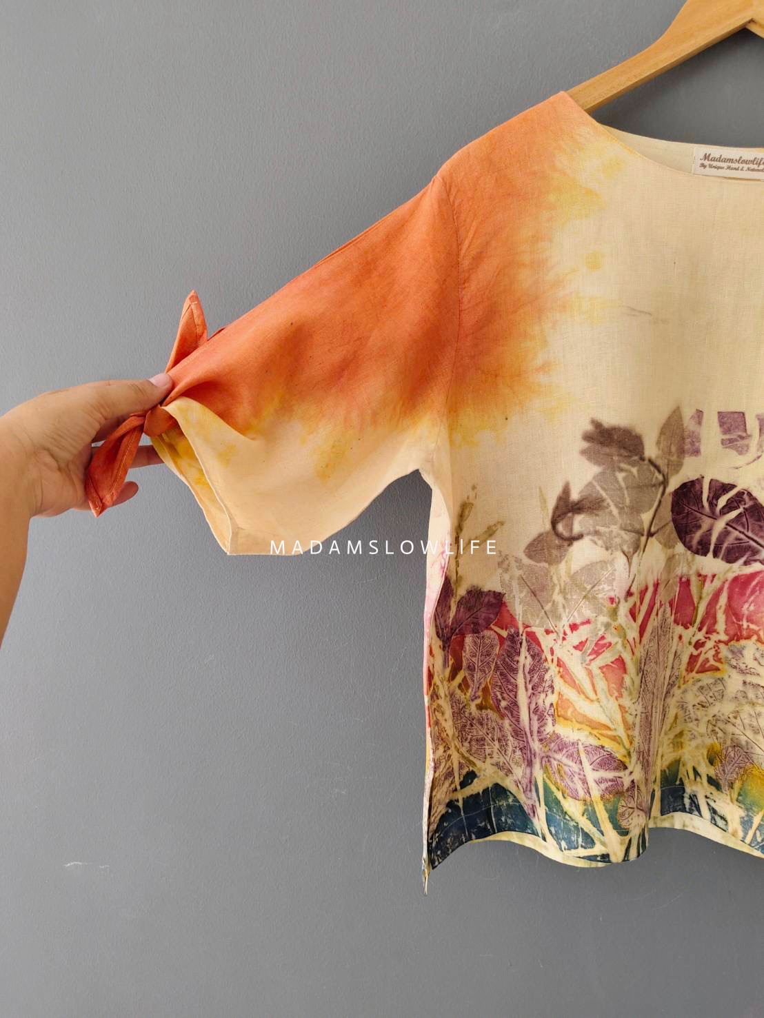 เสื้อผ้าลินินแท้ ลวดลายพิมพ์ลายแบบ eco-print อก 42 นิ้ว ยาว 22 นิ้ว