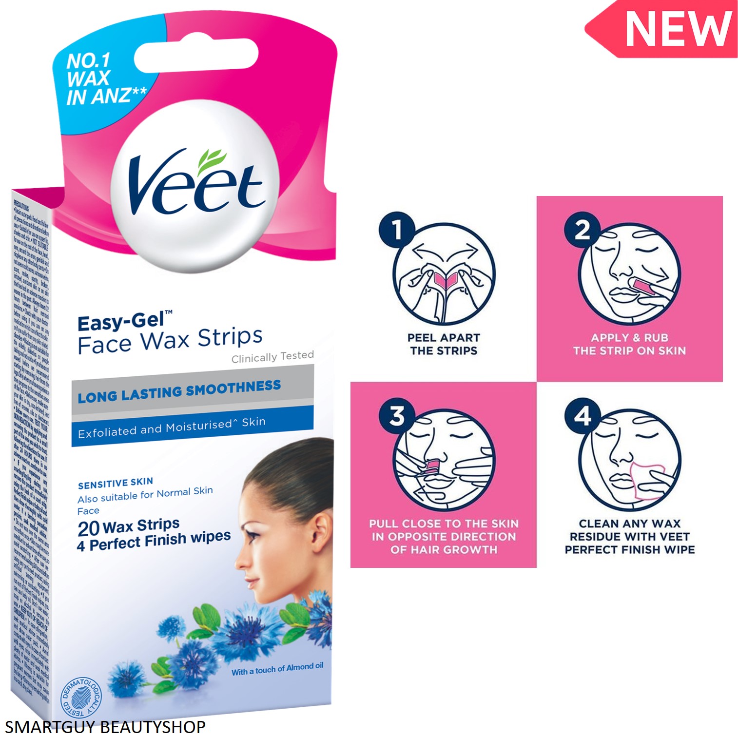 Veet Easy-Gel Face Wax Strips Sensitive Skin ผลิตภัณฑ์กำจัดขนสำหรับใบหน้าสูตรอ่อนโยนพิเศษสินค้าลิขสิทธิ์แท้นำเข้าจากต่างประเทศ