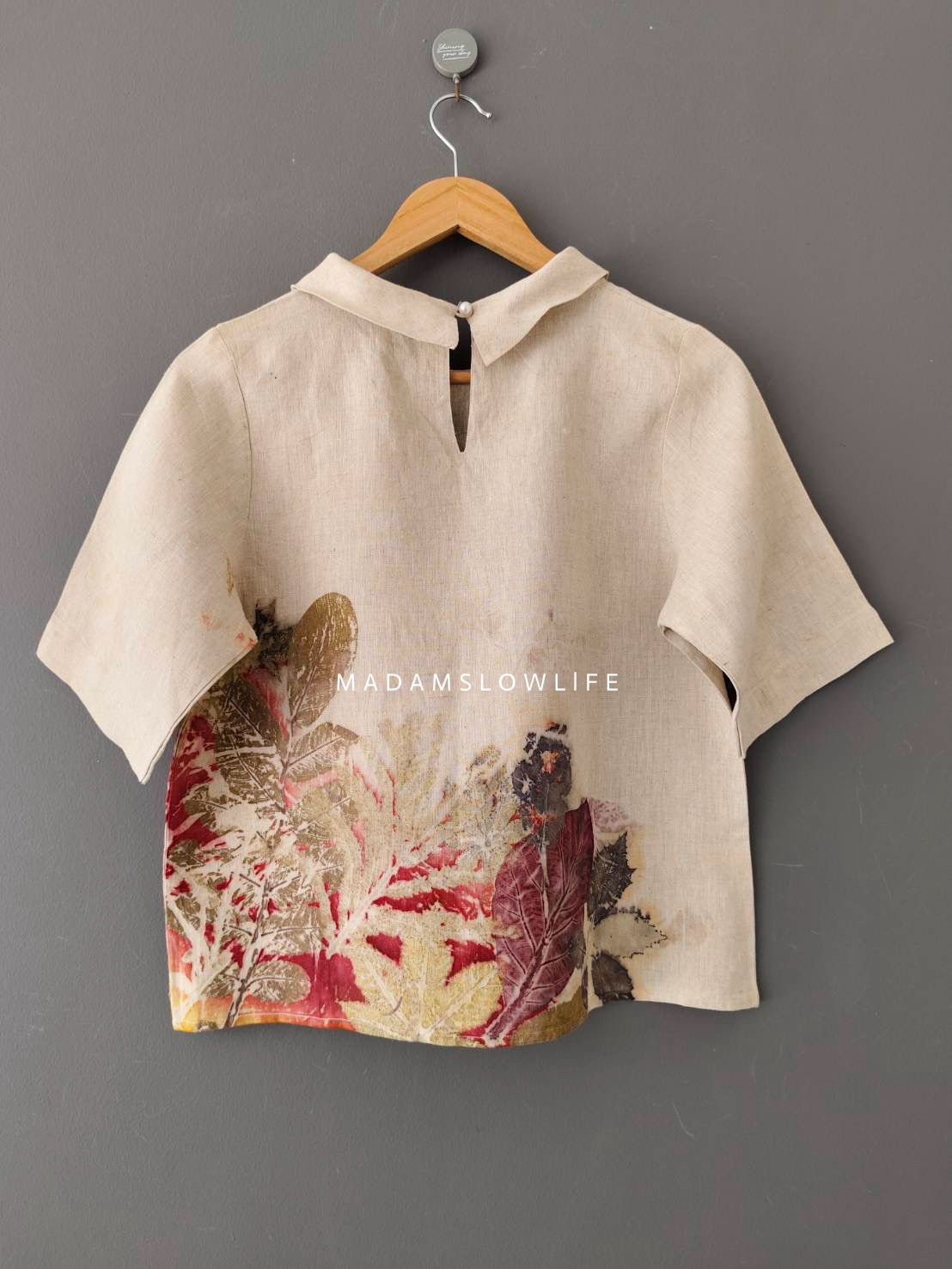 เสื้อผ้าลินินแท้ ลวดลายพิมพ์ลายแบบ eco-print อก 38 นิ้ว ยาว 21 นิ้ว