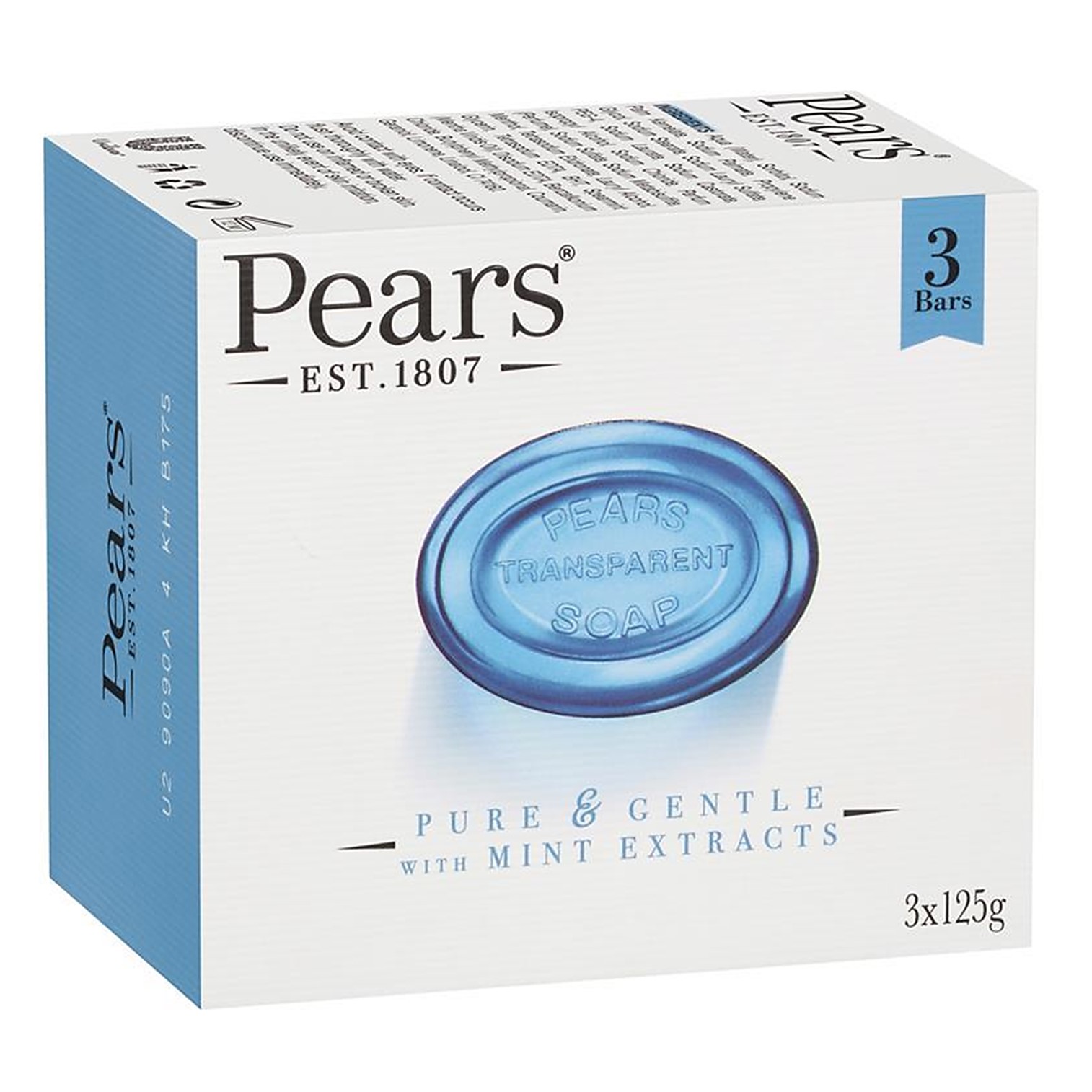 Pears Transparent Soap Pure And Gentle With Mint Extracts 3x125g สบู่ทำความสะอาดผิวหน้าผิวกายสูตรพิเศษสินค้านำเข้าจากออสเตรเลียพร้อมส่ง