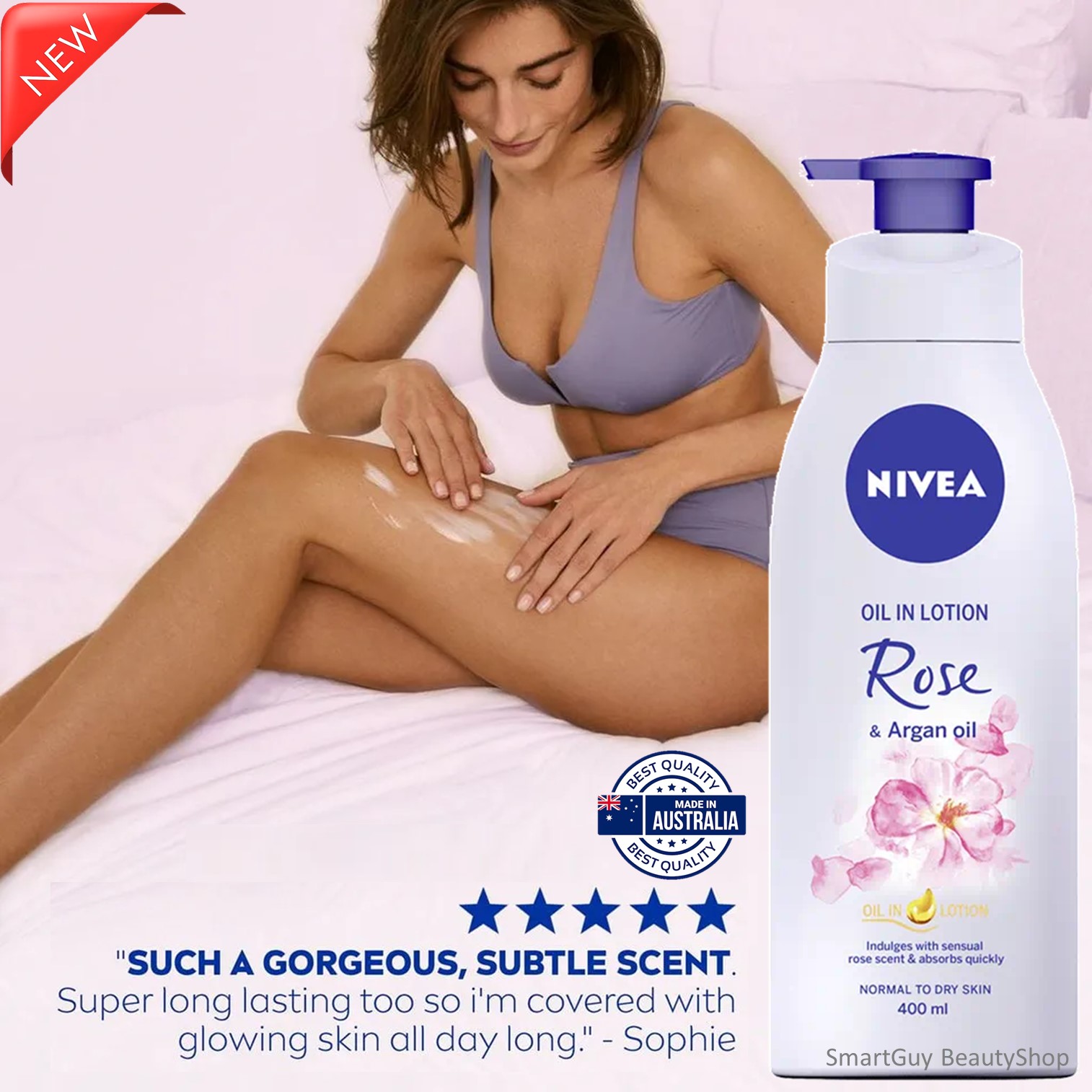 NIVEA OIL IN LOTION ROSE & ARGAN OIL 400ML โลชั่นบำรุงผิวกายเพิ่มความชุ่มชื้นผิวแลดูอ่อนกว่าวัยสูตรพิเศษสินค้านำเข้าจากออสเตรเลียพร้อมส่ง