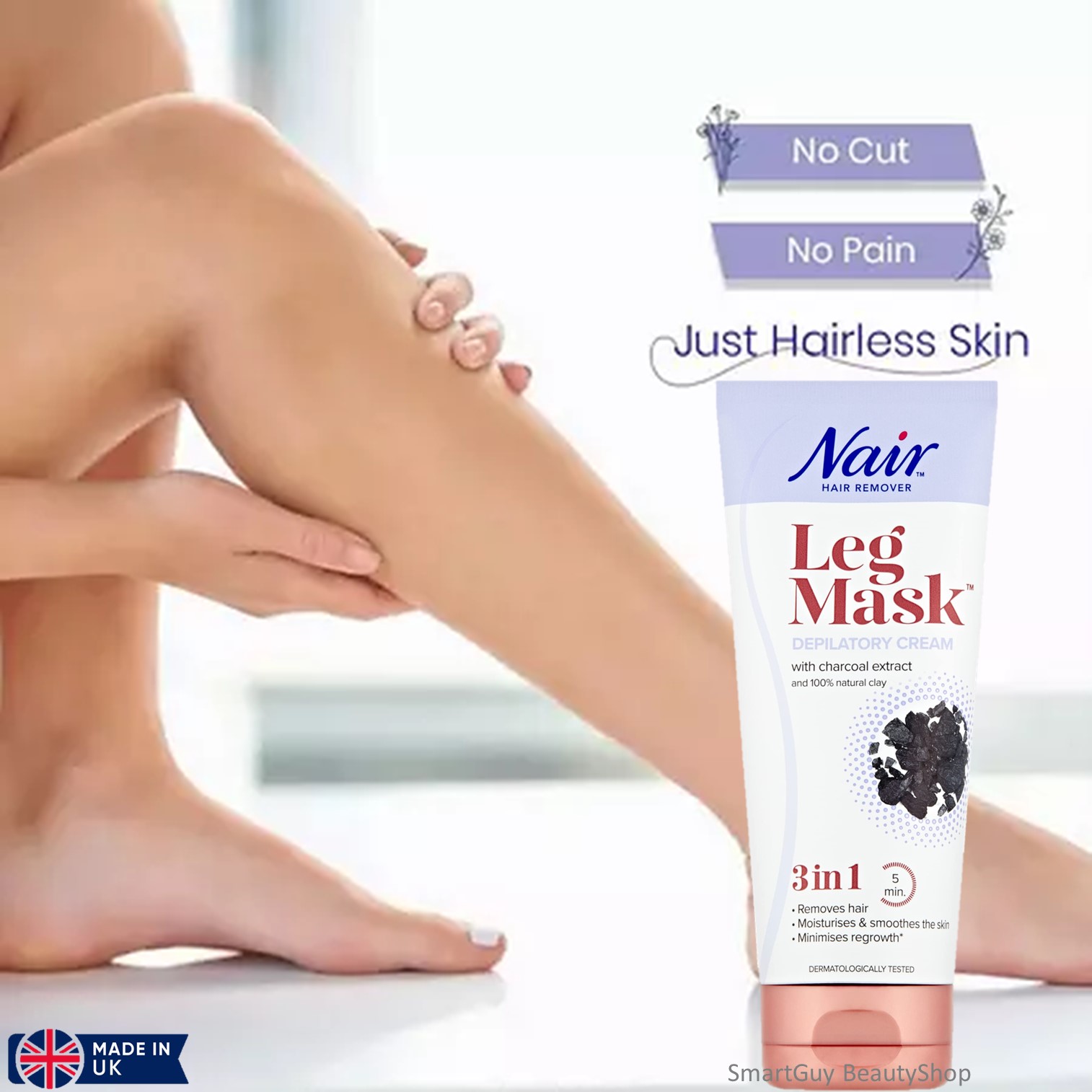 Nair Leg Mask Depilatory Cream 3in1 Hair Remover with Charcoal Extract 180ml ผลิตภัณฑ์กำจัดขนพร้อมการบำรุงผิวสูตรอ่อนโยนสำหรับผู้หญิงสินค้านำเข้าจากต่างประเทศของแท้พร้อมส่ง