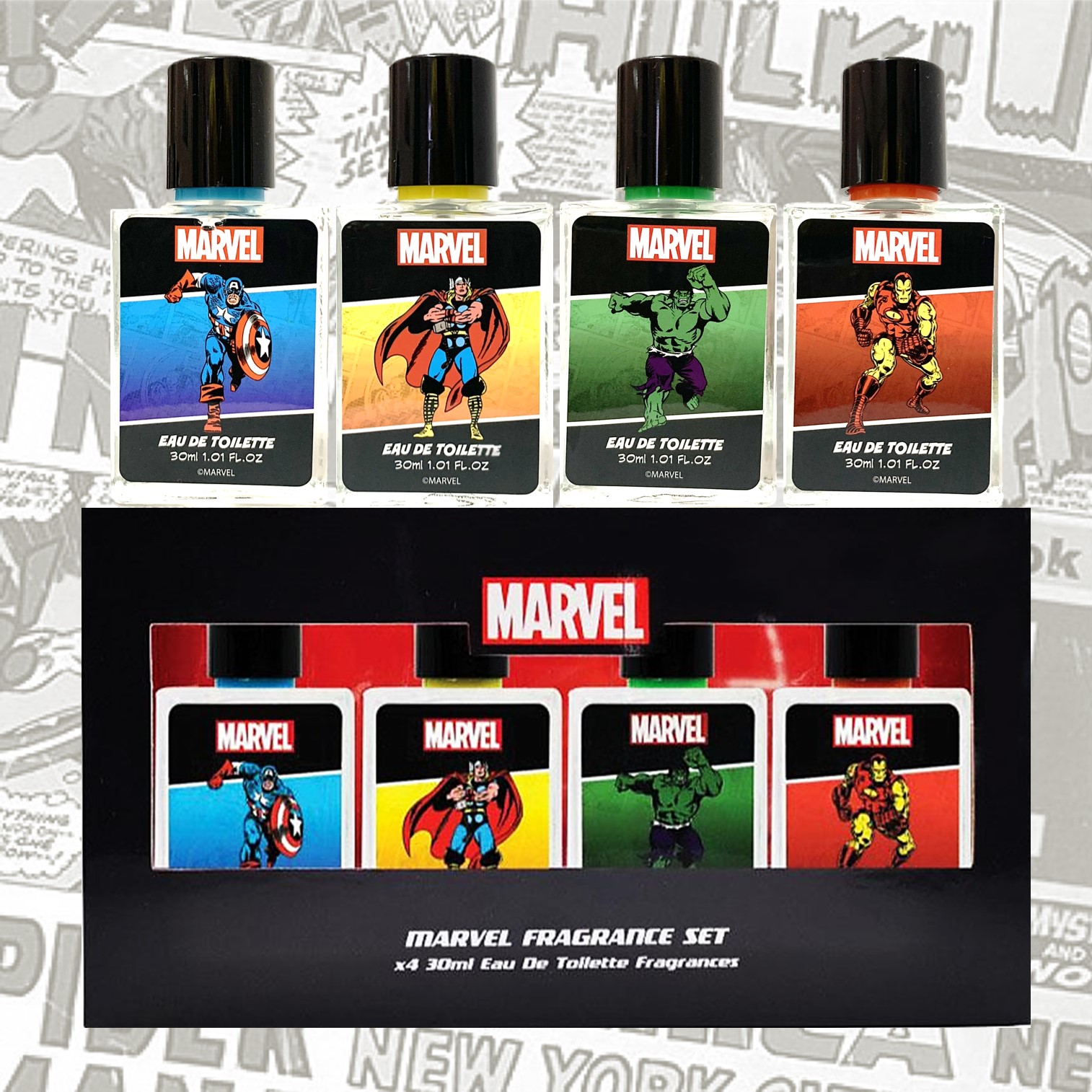 MARVEL Fragrance Set 30ml.x4 ชุดเซ็ตสเปรย์น้ำหอมลิขสิทธิ์แท้จากมาร์เวล 4 กลิ่นหอมสุดสตรองแนวซุปเปอร์ฮีโร่สายเท่ห์