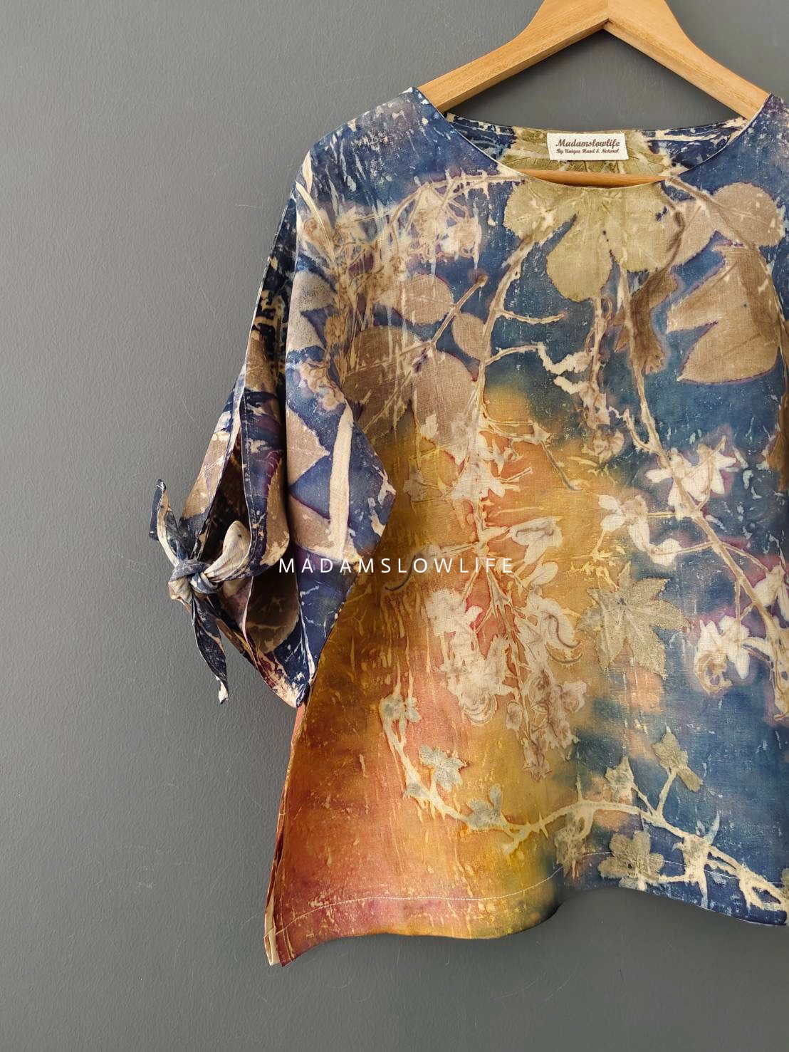 เสื้อผ้าลินินแท้ ลวดลายพิมพ์ลายแบบ eco-print อก 42 นิ้ว ยาว 22 นิ้ว