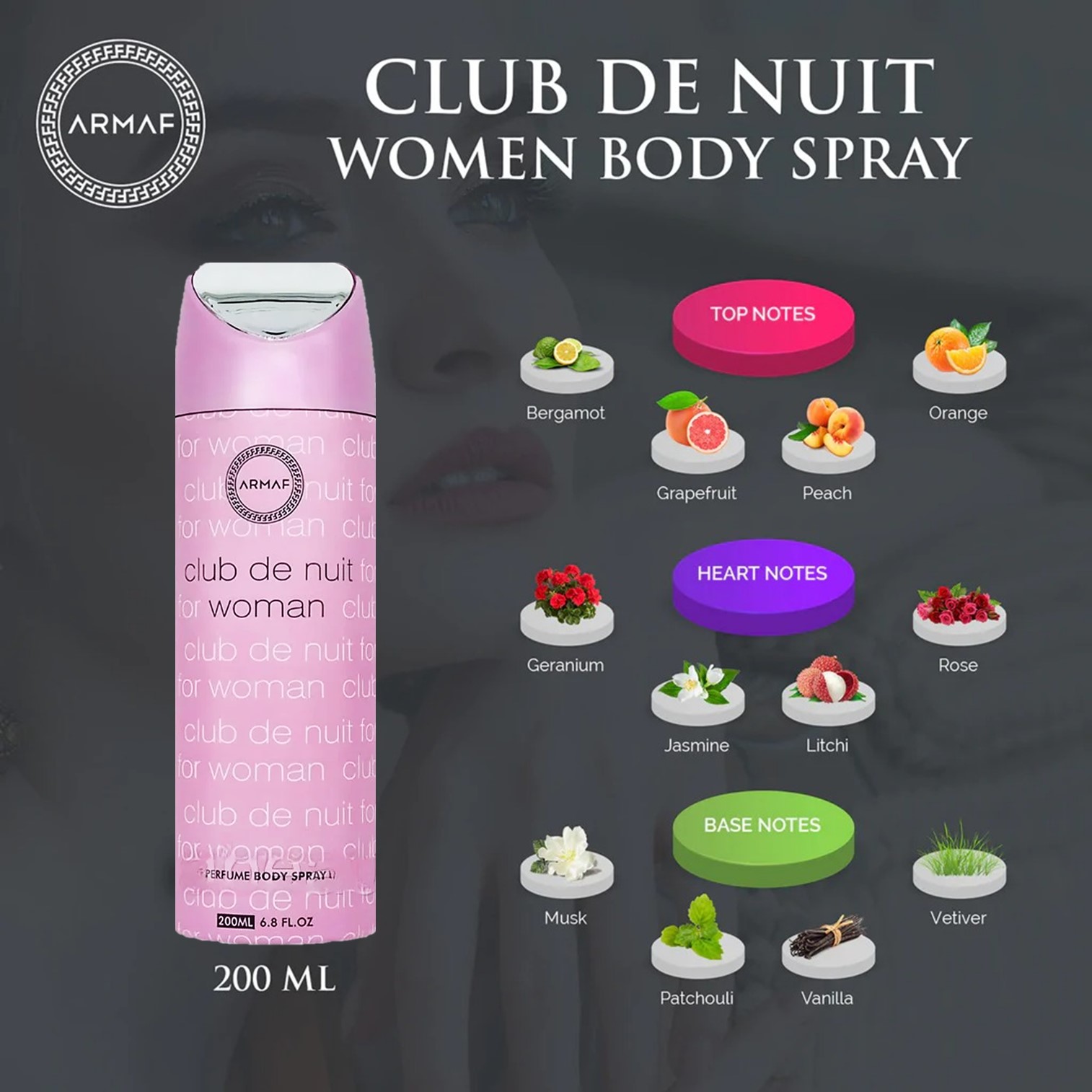 Armaf Club De Nuit Perfume Body Spray For Women 200ml สเปรย์น้ำหอมระงับกลิ่นกายกลิ่นหอมสุดพิเศษสำหรับผู้หญิงสินค้านำเข้าจากต่างประเทศของแท้พร้อมส่ง