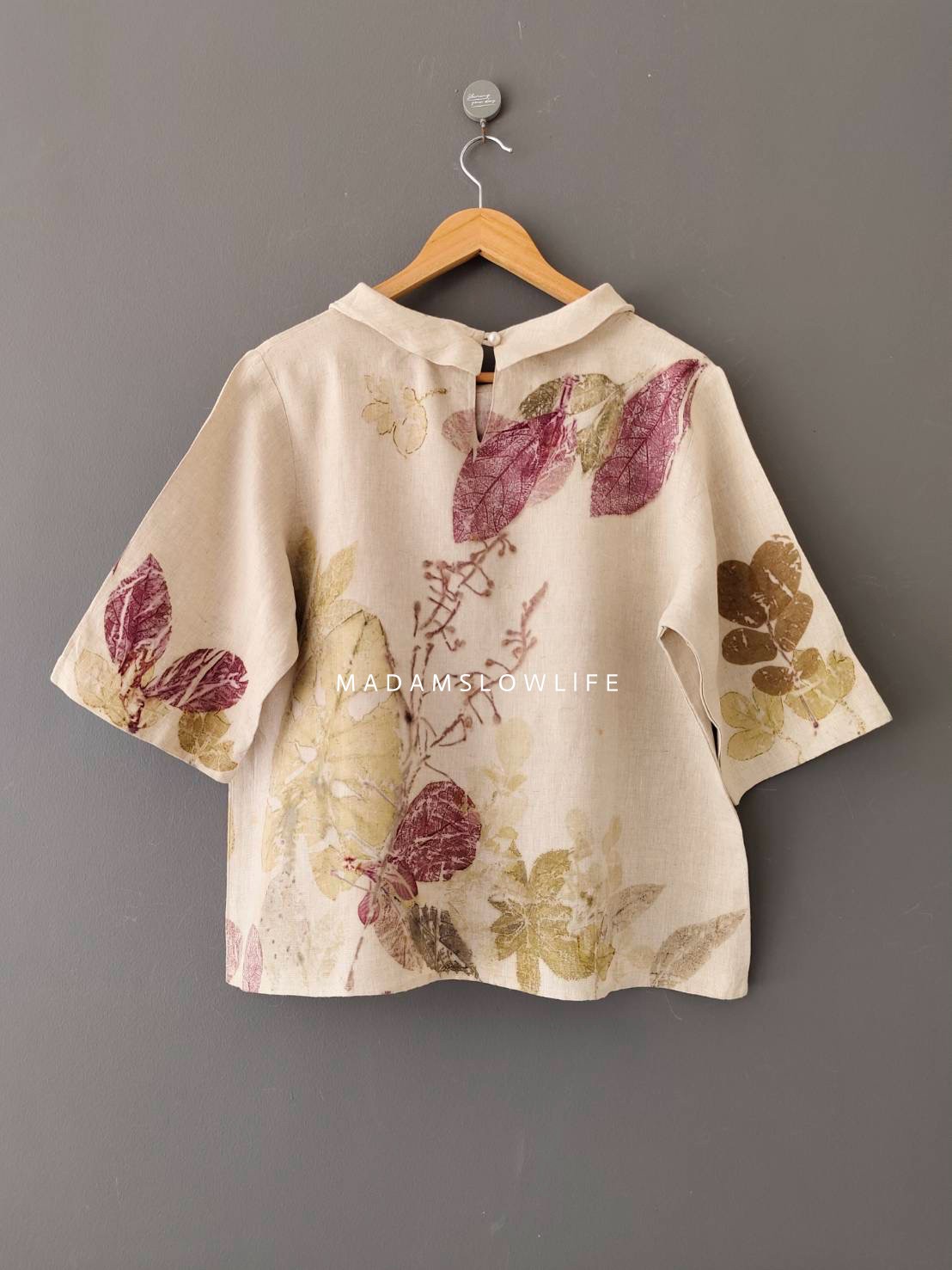 เสื้อผ้าลินินแท้ ลวดลายพิมพ์ลายแบบ eco-print อก 42 นิ้ว ยาว 23 นิ้ว