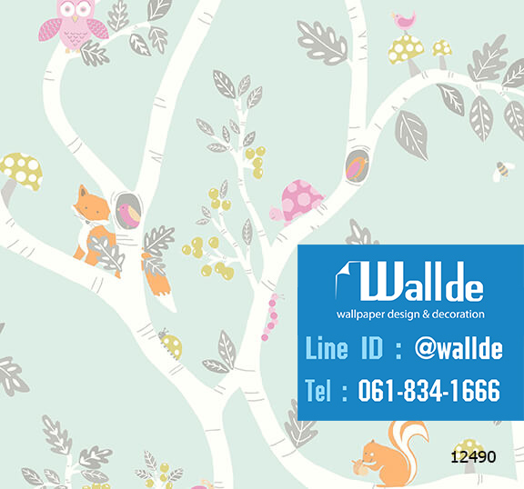 วอลเปเปอร์ห้องเด็ก วอลเปอร์ลายการ์ตูน ลายต้นไม้ กระรอก