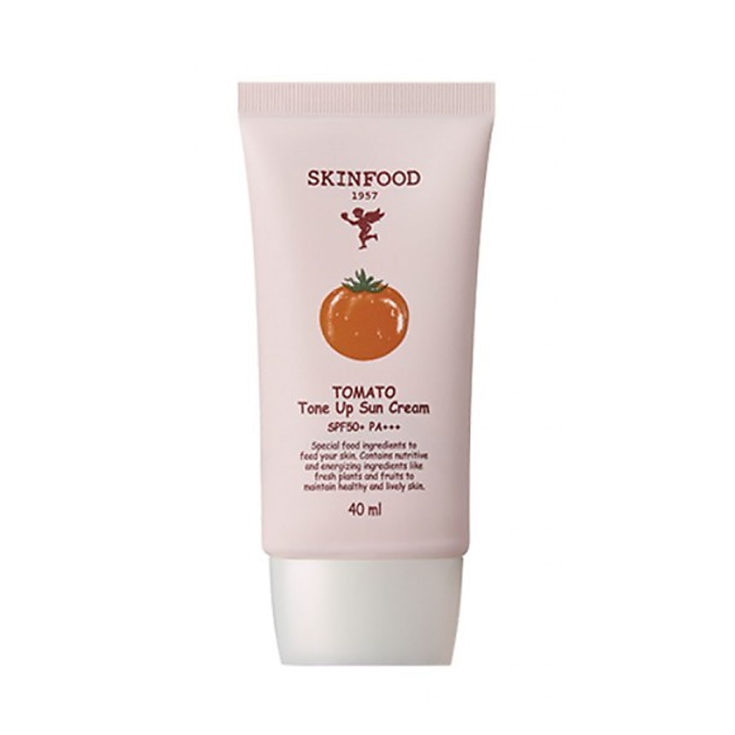 Skinfood Tomato Tone Up Sun Cream SPF50+ PA++++ 40ml. ผลิตภัณฑ์ปกป้องผิวหน้าจากแสงแดดสูตรผสมสารสกัดมะเขือเทศเพื่อผิวหน้ากระจ่างใสสินค้านำเข้าจากเกาหลีของแท้