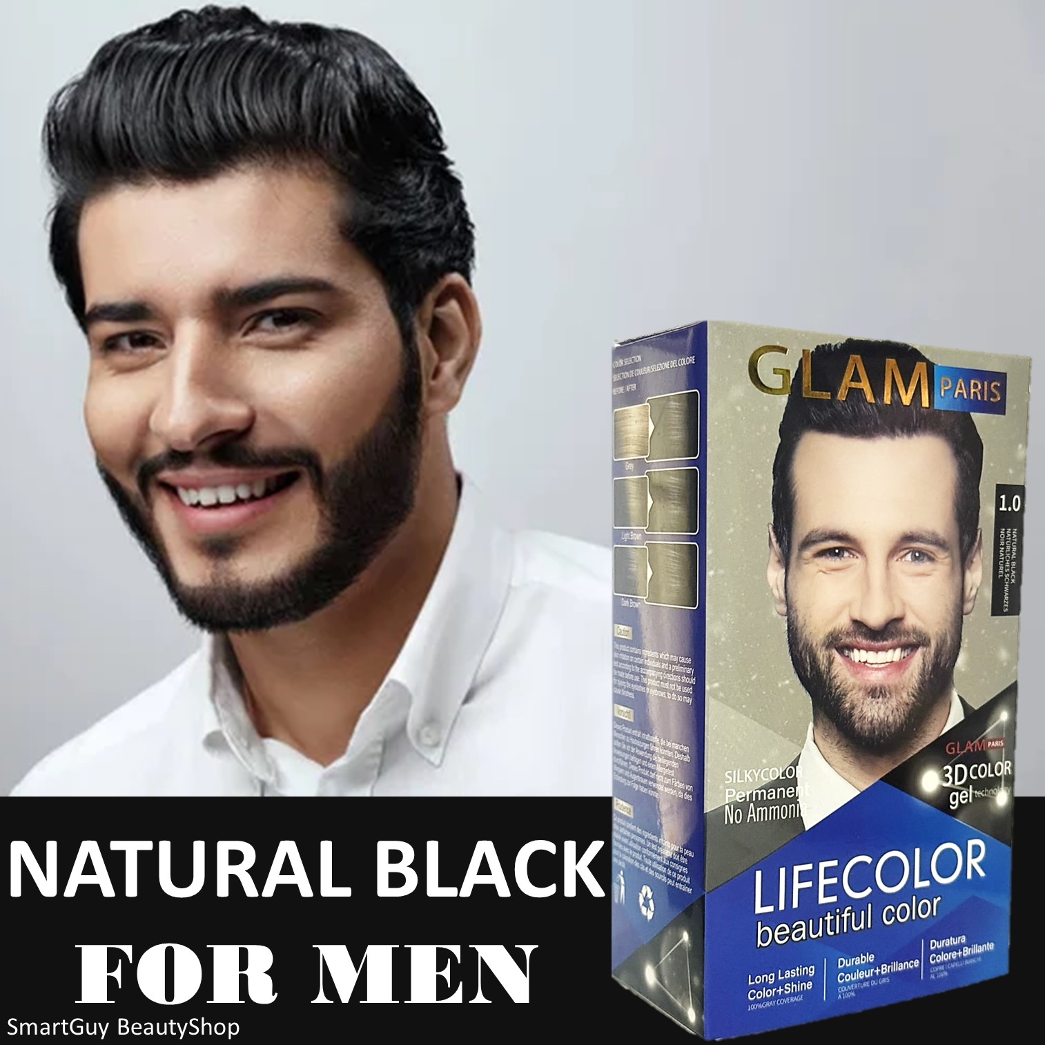 GLAM Paris LifeColor 1.0 Natural Black Hair color For Men ผลิตภัณฑ์เปลี่ยนสีผมผู้ชายสีดำธรรมชาติสูตรออแกนิคติดทนนาน