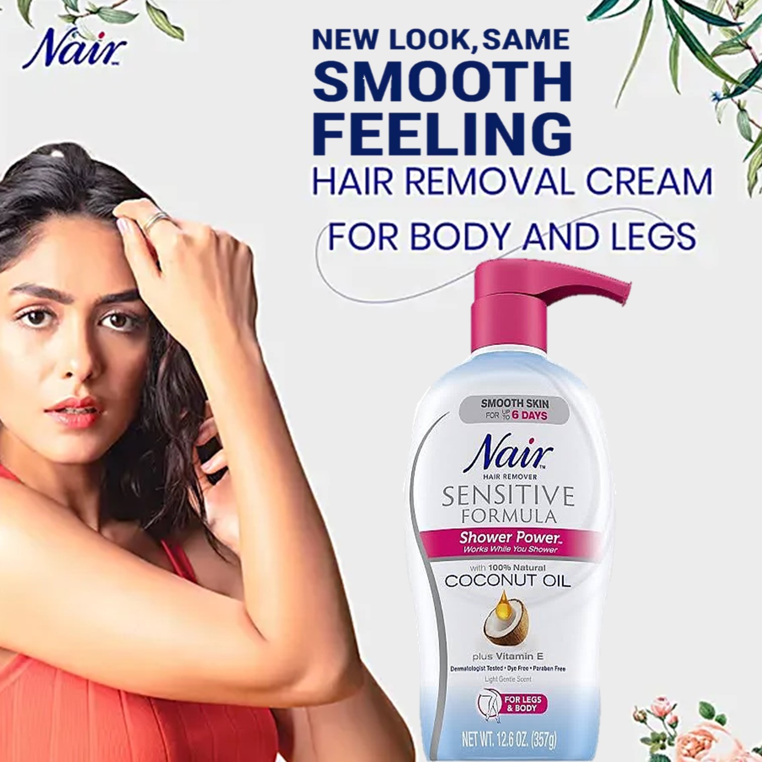 Nair Shower Power Sensitive Hair Remover for Legs&Body with 100%Natural Coconut Oil plus VitaminE 312g ผลิตภัณฑ์กำจัดขนตามร่างกายสูตรอ่อนโยนพิเศษสำหรับผิวแพ้ง่าย