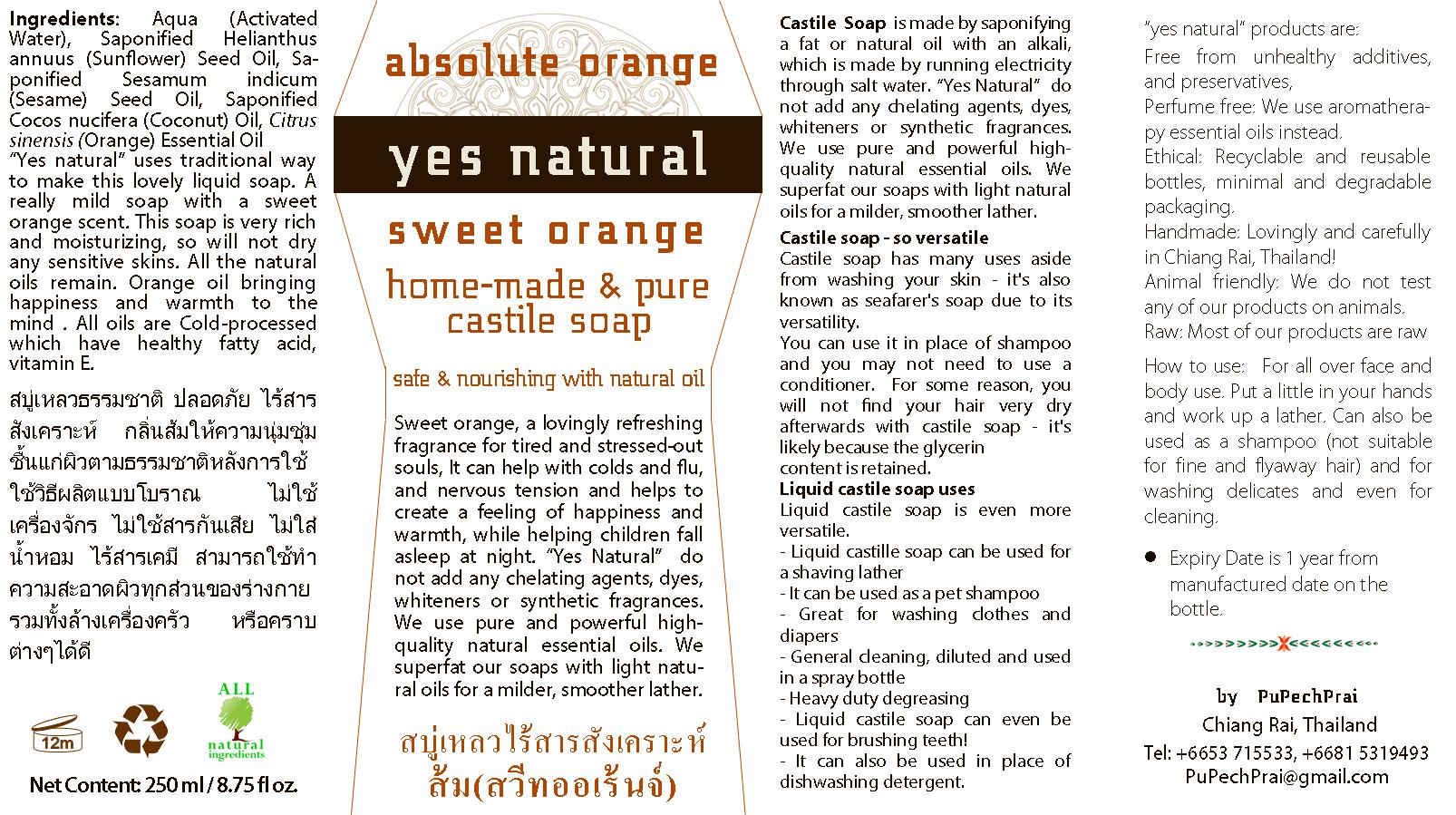 absolute orange สบู่เหลวไร้สารสังเคราะห์ กลิ่นส้ม 250 ml Orange Castile Liquid Soap 250 ml