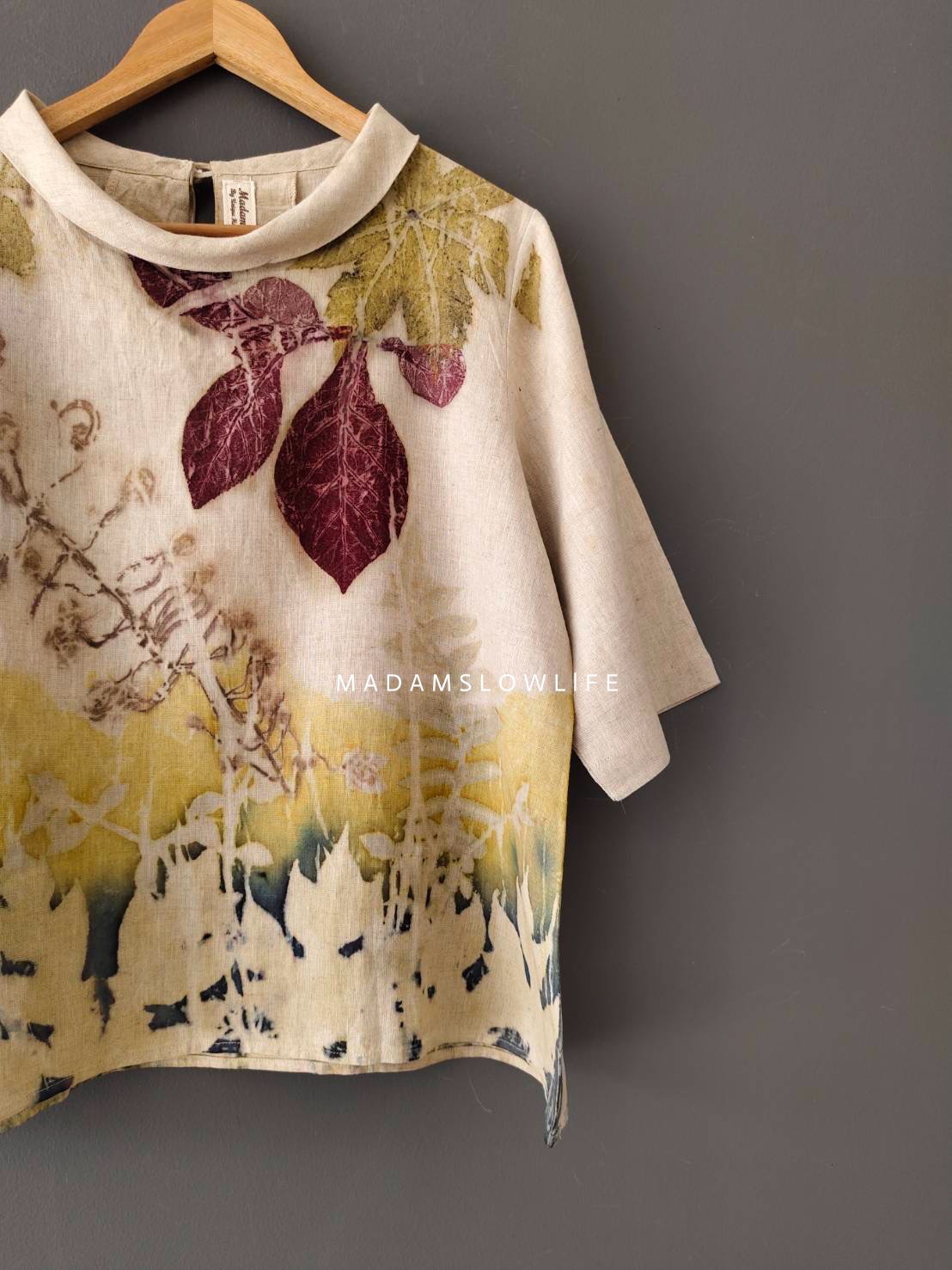 เสื้อผ้าลินินแท้ ลวดลายพิมพ์ลายแบบ eco-print อก 44 นิ้ว ยาว 23.5 นิ้ว