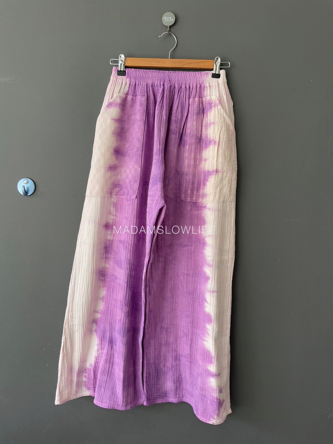 กางเกงผ้าคอตตอน100% พรีเมี่ยมมีเทคเจอร์ ย้อมสีม่วงปลอดสารพิษ Size M