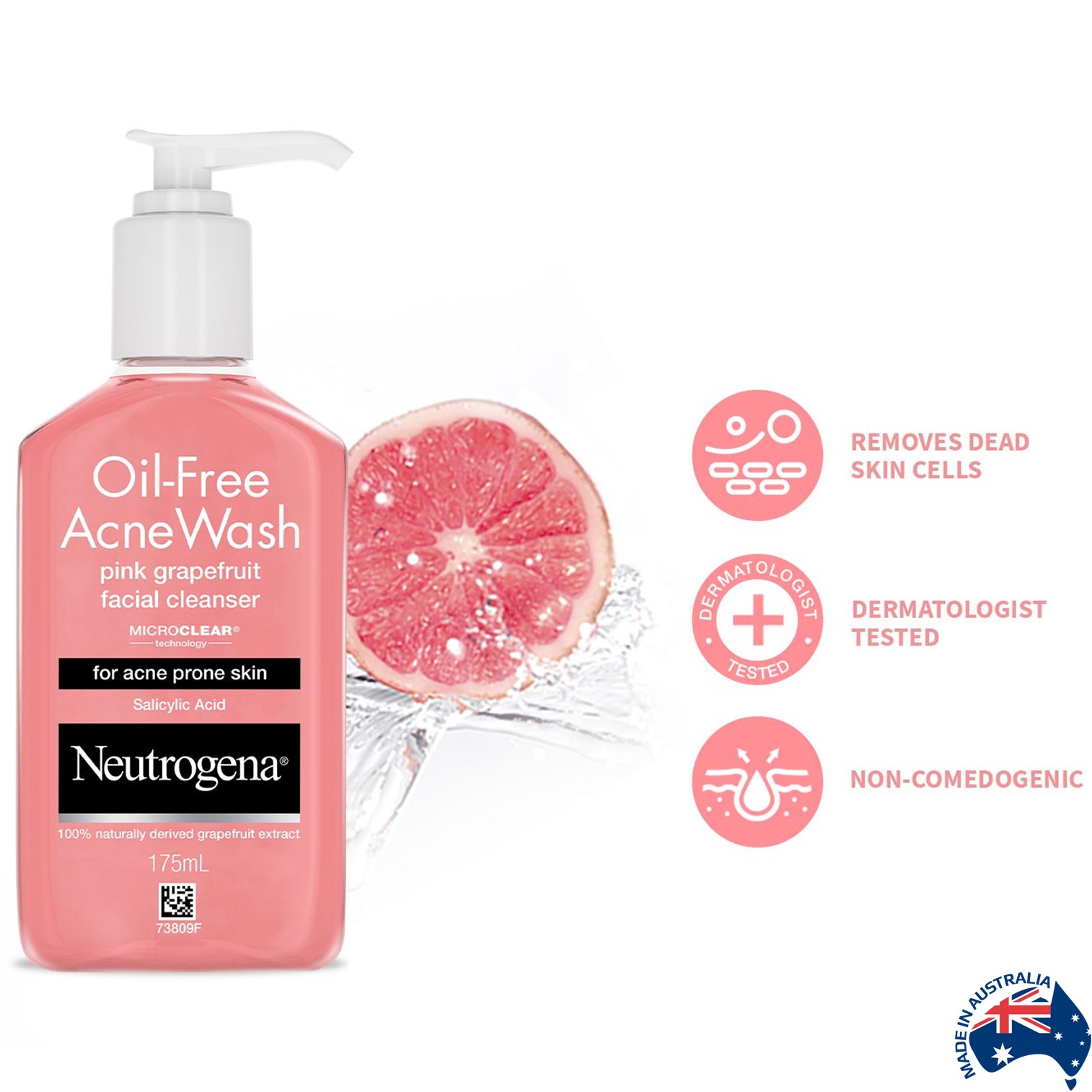 Neutrogena Oil Free Acne Wash Pink Grapefruit Facial Cleanser 175ml ผลิตภัณฑ์ทำความสะอาดผิวหน้ากระจ่างใสสูตรลดสิวคุมมันสินค้านำเข้าจากออสเตรเลียของแท้พร้อมส่ง