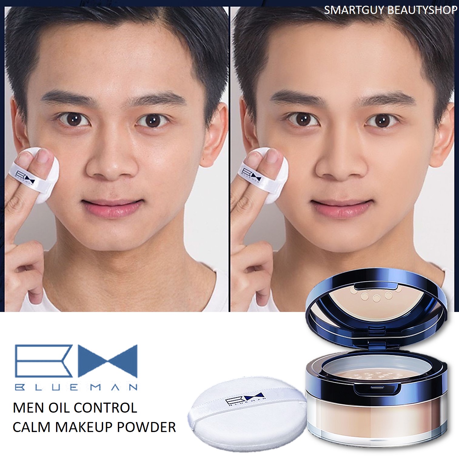 แป้งฝุ่นเนื้อละเอียดพิเศษเพิ่มออร่าสำหรับผู้ชายหน้าเนียนใสเป็นธรรมชาติ BlueMan Men Oil Control Calm Makeup Powder 10g.