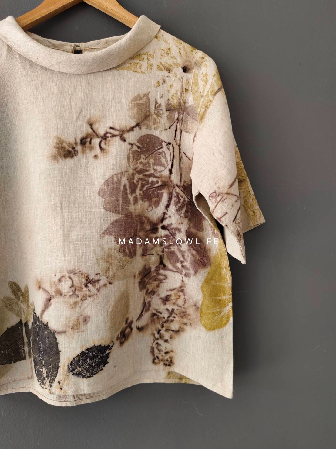 เสื้อผ้าลินินแท้ ลวดลายพิมพ์ลายแบบ eco-print อก 40 นิ้ว ยาว 22 นิ้ว