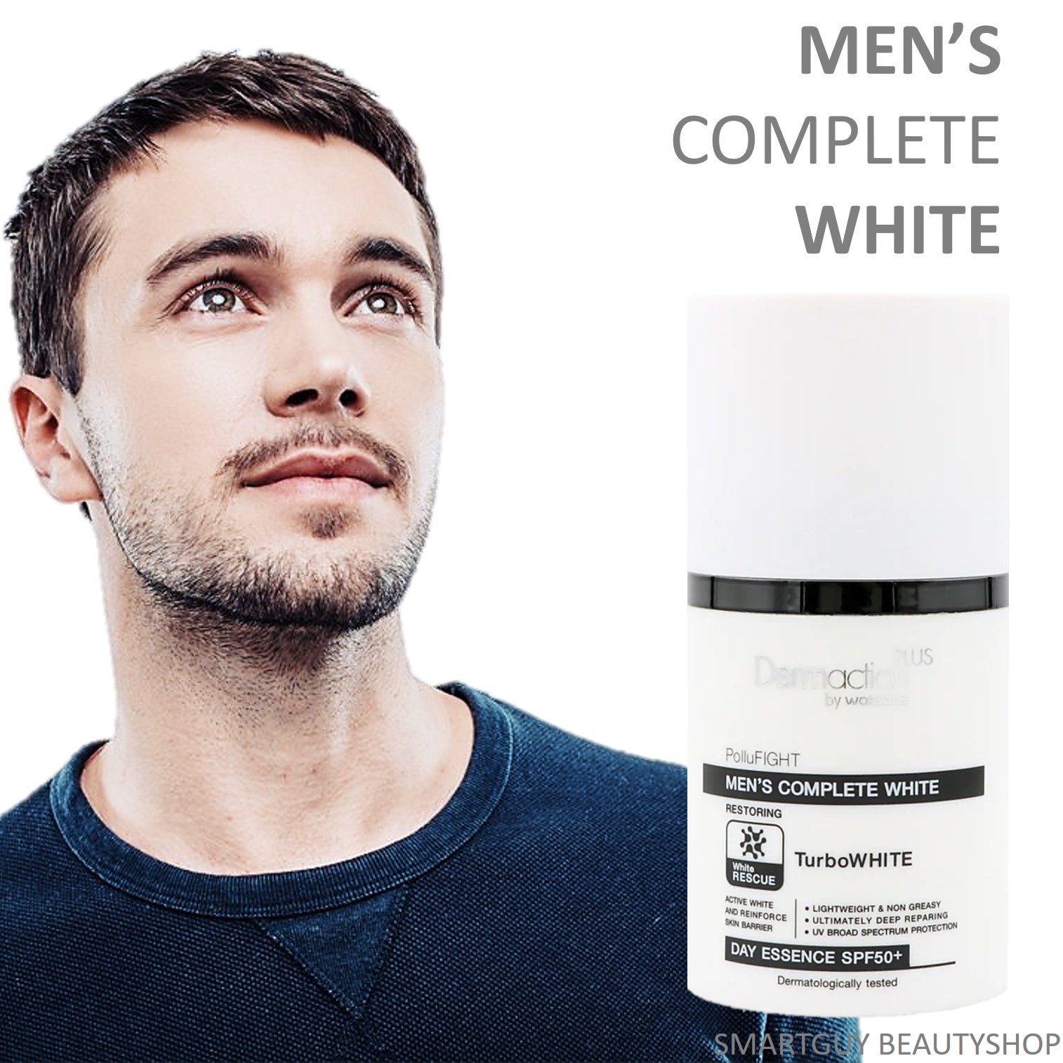 Dermaction Plus By Watsons Men’s Complete White Day Essence SPF50+ 50ml ผลิตภัณฑ์บำรุงผิวหน้าระหว่างวันสูตรพรีเมี่ยมสำหรับผู้ชาย