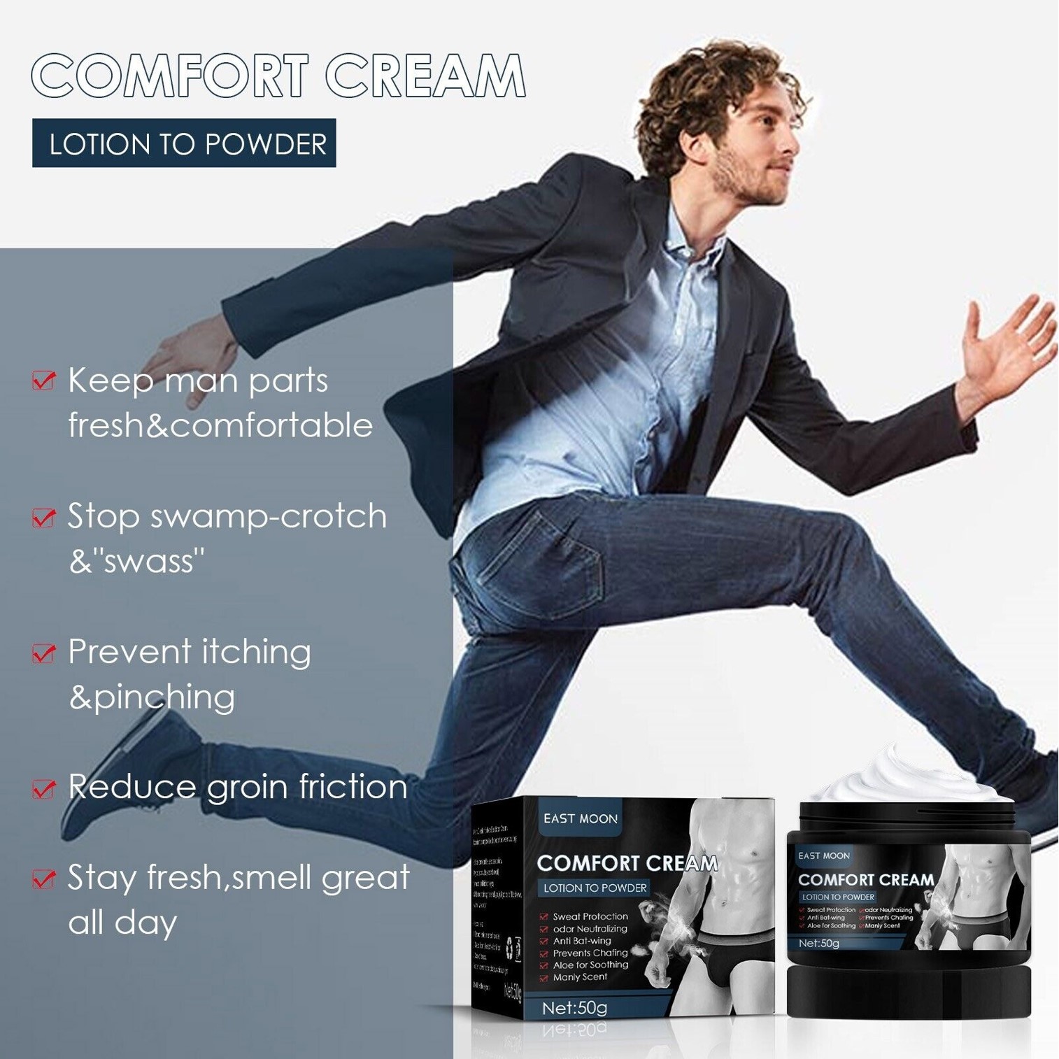 East Moon Comfort Cream Lotion To Powder 50g ผลิตภัณฑ์ระงับกลิ่นบริเวณจุดซ่อนเร้นสำหรับผู้ชายลดการสะสมของแบคทีเรียและกลิ่นอับชื้น