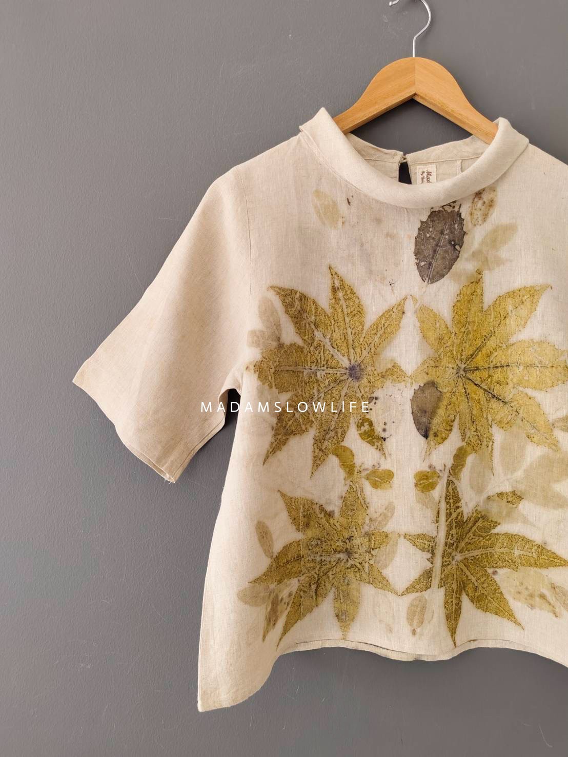 เสื้อผ้าลินินแท้ ลวดลายพิมพ์ลายแบบ eco-print อก 38 นิ้ว ยาว 21 นิ้ว