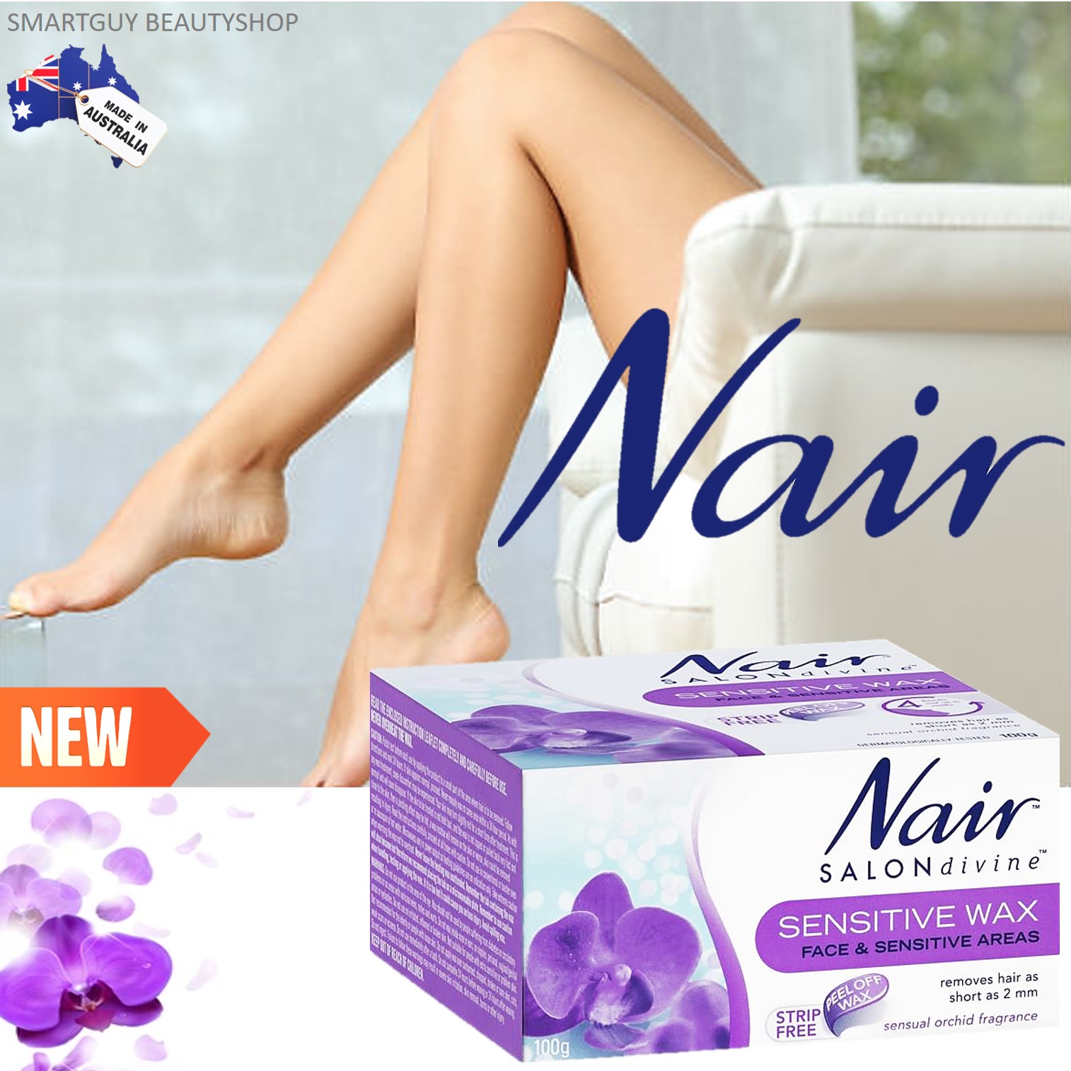 Nair Salon Divine Sensitive Wax for Delicate Areas 100g ครีมแว็กซ์กำจัดขนสูตรอ่อนโยนพิเศษสำหรับใบหน้าและบริเวณผิวบอบบางสินค้านำเข้าจากต่างประเทศ