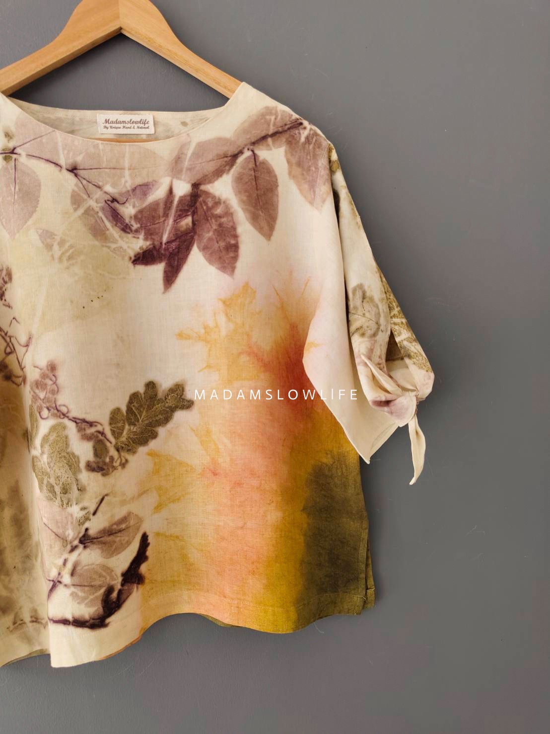 เสื้อผ้าลินินแท้ ลวดลายพิมพ์ลายแบบ eco-print อก 44 นิ้ว ยาว 23 นิ้ว