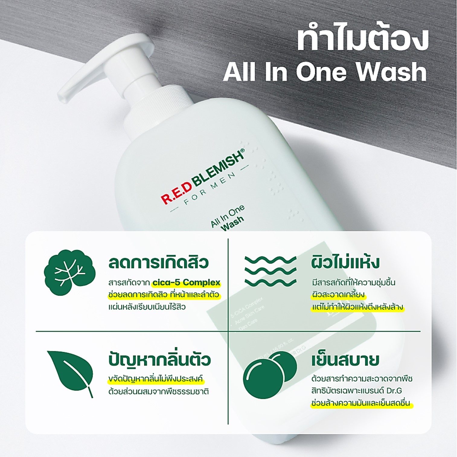 DR.G R.E.D Blemish For Men All In One Wash 500ml ผลิตภัณฑ์ทำความสะอาดผิวกายหน้าผมในขั้นตอนเดียวสูตรพิเศษสำหรับผู้ชายจากเกาหลีของแท้