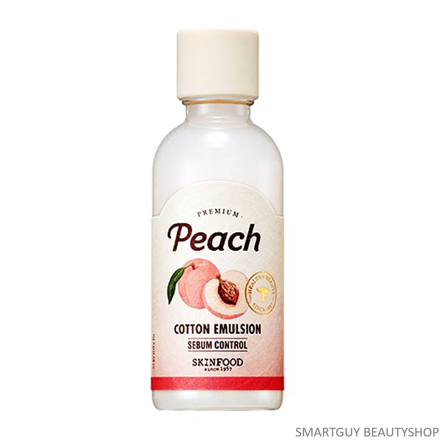 ผลิตภัณฑ์บำรุงผิวหน้ากระจ่างใสลดริ้วรอยครบสูตรการบำรุงในหนึ่งเดียวจากเกาหลี SKINFOOD Premium Peach Cotton Emulsion Sebum Control 160ml.