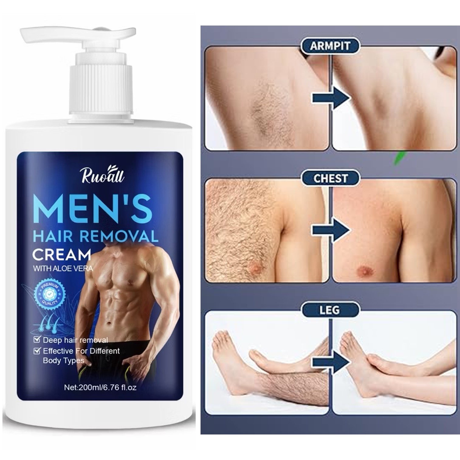 Ruoall Men’s Hair Removal Cream With Aloe Vera 200ml ผลิตภัณฑ์ครีมกำจัดขนสำหรับผิวกายและจุดซ่อนเร้นสูตรพิเศษสำหรับผู้ชาย