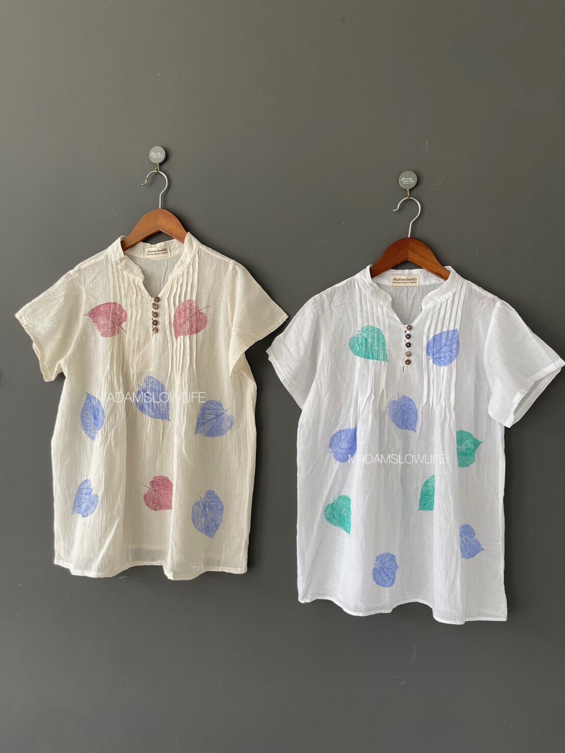 เสื้อคอตตอน Size F อก 36-40 นิ้ว ยาว 27 นิ้ว เนื้อผ้าคอตตอนพรีเมียม พิมพ์ลายใบไม้ด้วยสีปลอดสารพิษ