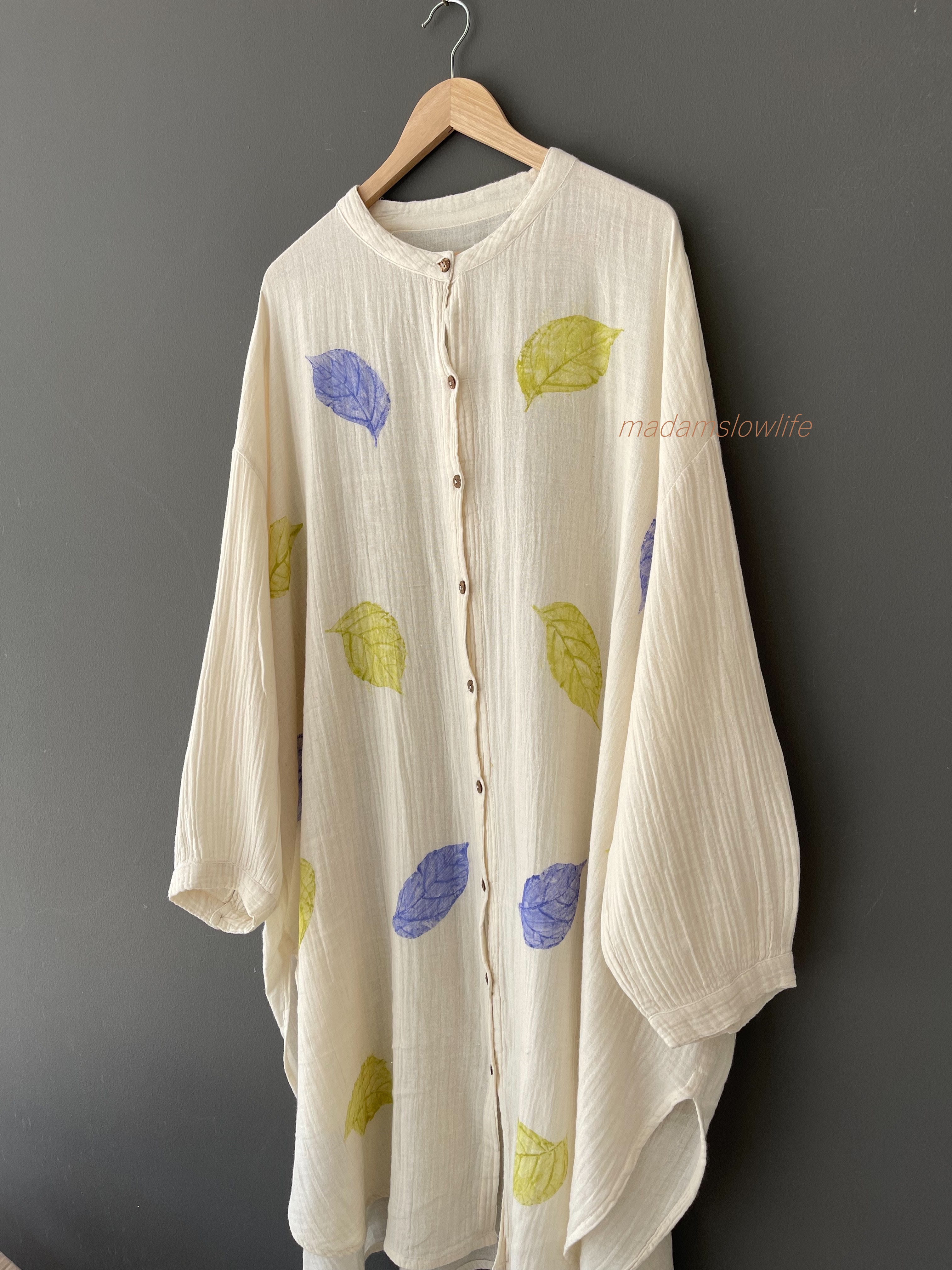 ชุดแซกพิมพ์ลายใบไม้ ผ้าคอตตอน 100% (ผ้าสาลู มีเทคเจอร์)