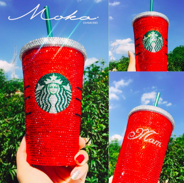 แก้วสตาบัคติดเพชรสีแดง Grande Size 16 oz.